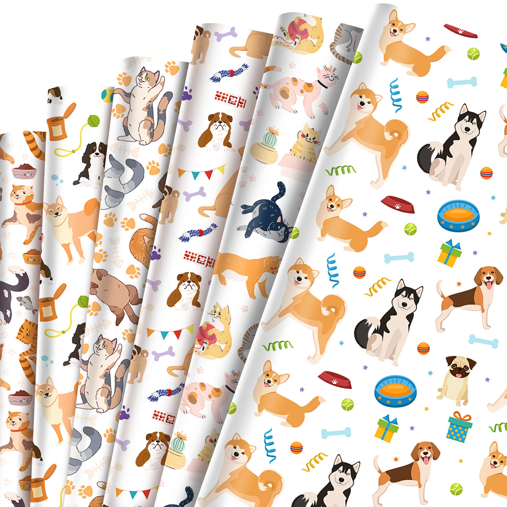 Dog Cat Wrapping Paper for Birthday Baby Shower – 6 Sheets 20x27" Paw Print Puppy Gift Wrap for Kids Girls Boys Men Women, White Dogs Wrapping Paper for Pet Lovers, Presents & Party Favor Supplies