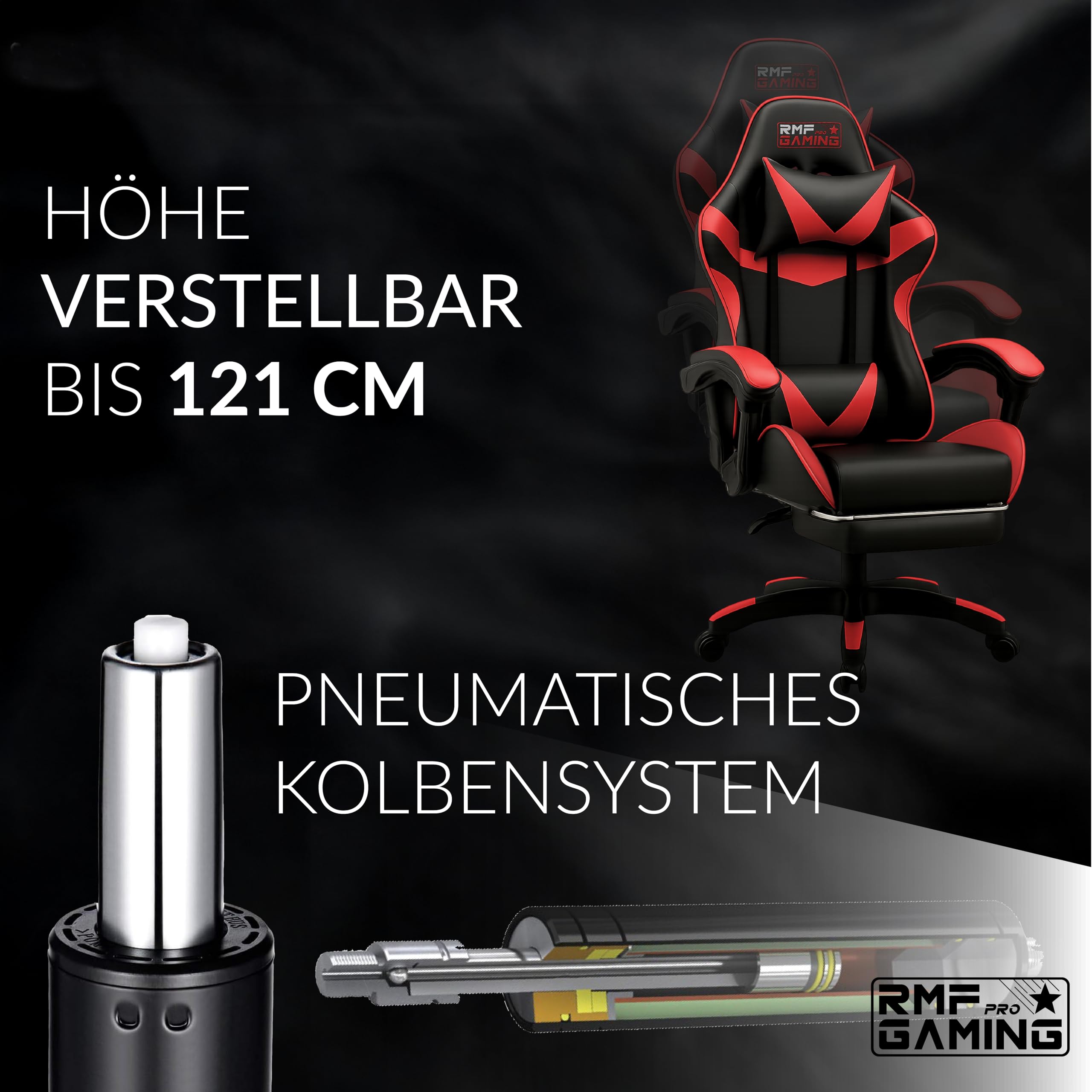 RMF Sedia Gaming Professionale Ergonomica Reclinabile, Poltrona Gaming Seduta Comoda e Rilassante con Poggiapiedi - Sedia per Gamer con Ruote Girevoli, Altezza Regolabile Rosso/Nero