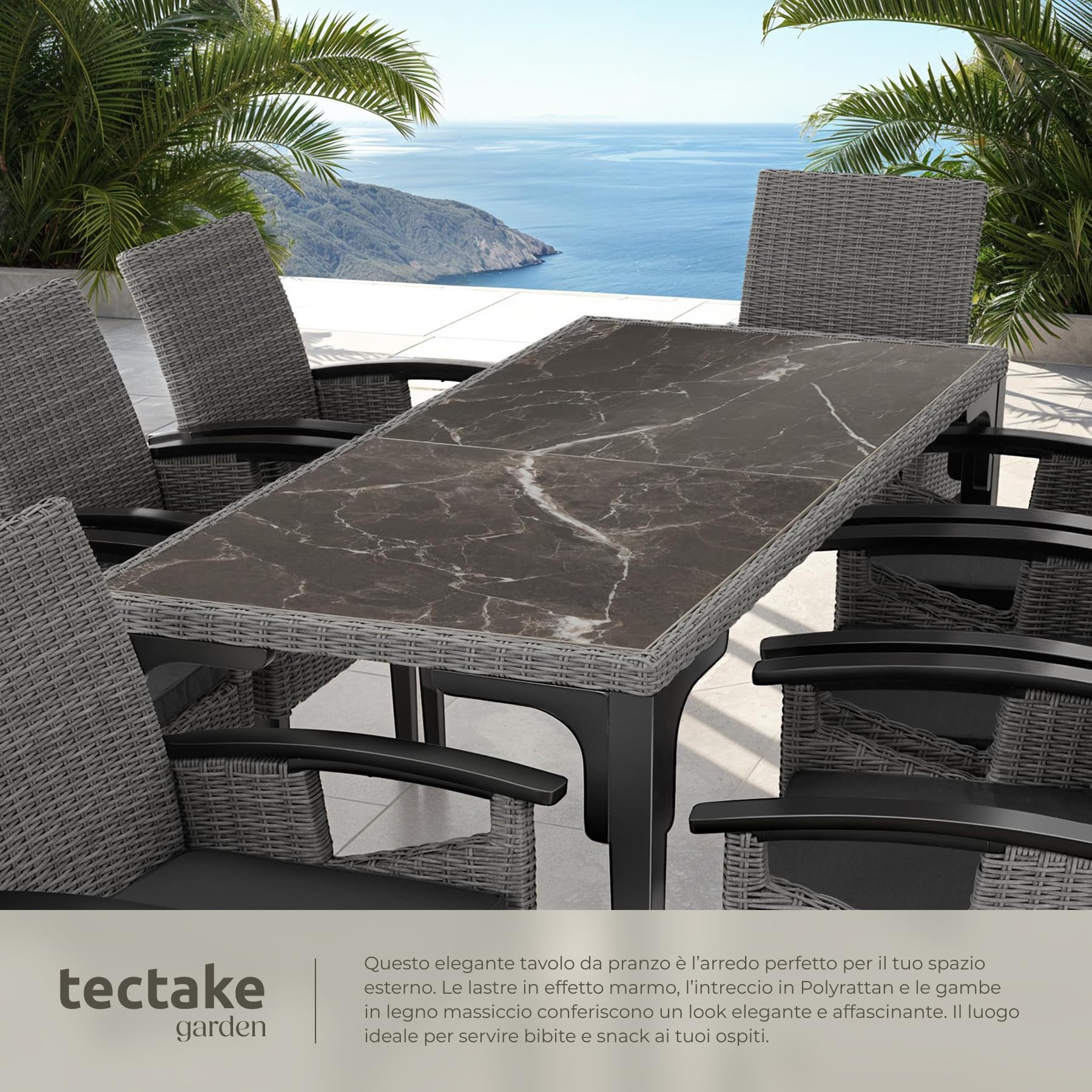 tectake® Tavolo da Esterno in Rattan, Tavolo da Giardino con Intreccio Pregiato, Tavolino Salotto con Telaio in Alluminio e Legno Massiccio, 2 Lastre in Gres Porcellanato - Grigio