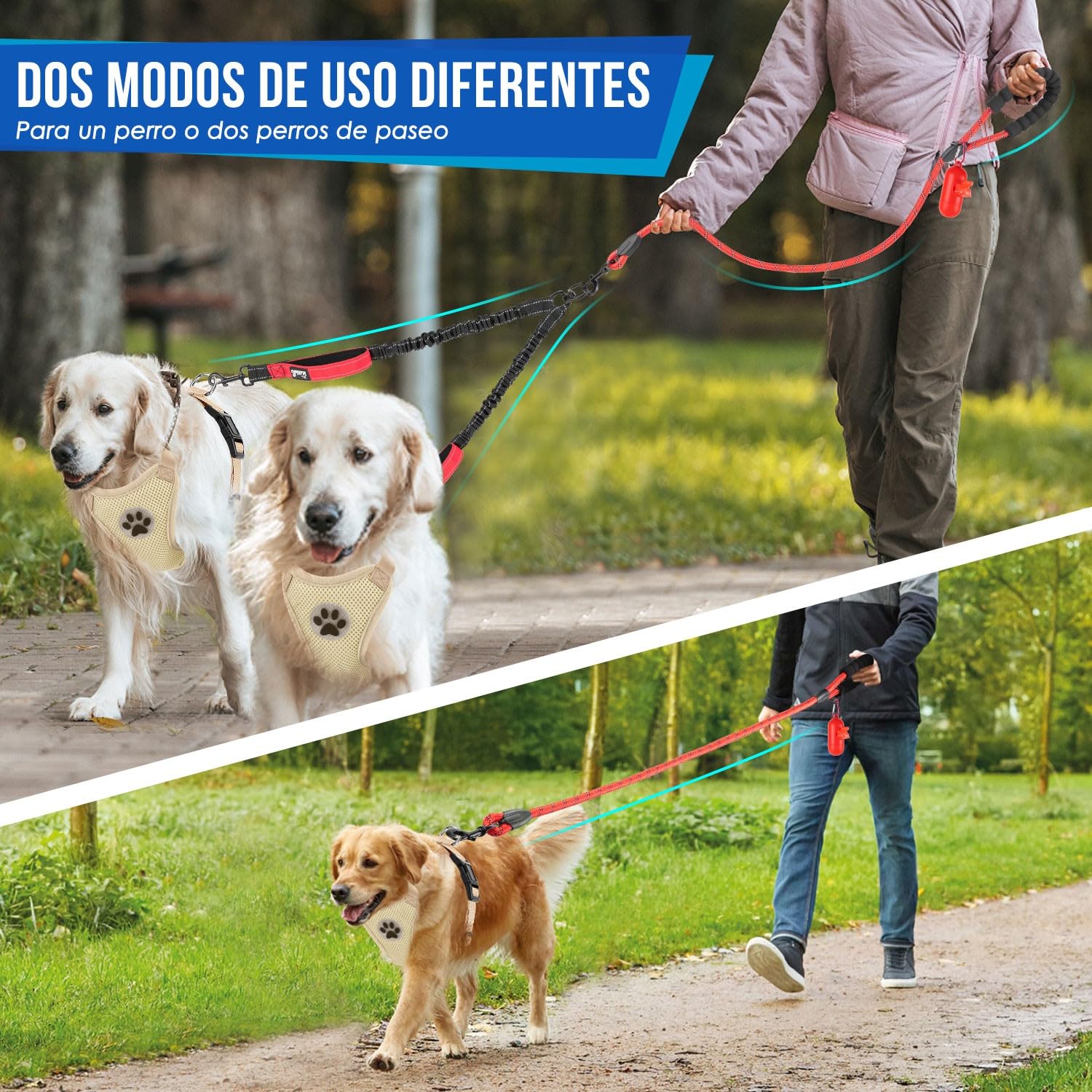 SlowTon Doble Correa para Perros sin enredos - Cable Reflectante Giratorio de Alta Resistencia Giratorio de 360 °, Entrenamiento para Caminar Amortiguador para 2 Perros medianos pequeños
