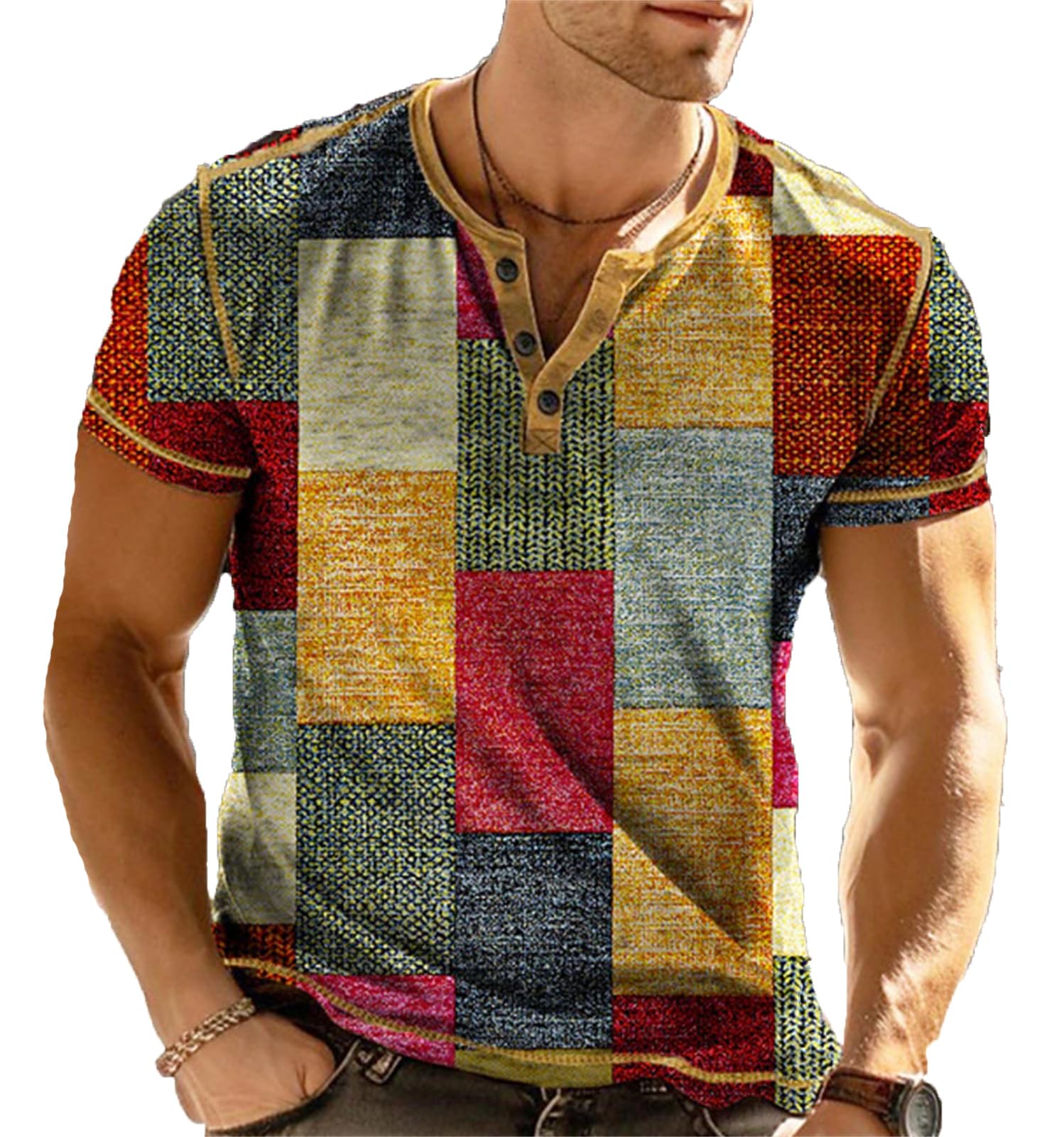 famesale Men's Plaid 3D Printed Short Sleeve Button Down Henley Shirts Vintage Distressed Tops Summer Beach Holiday T-Shirts