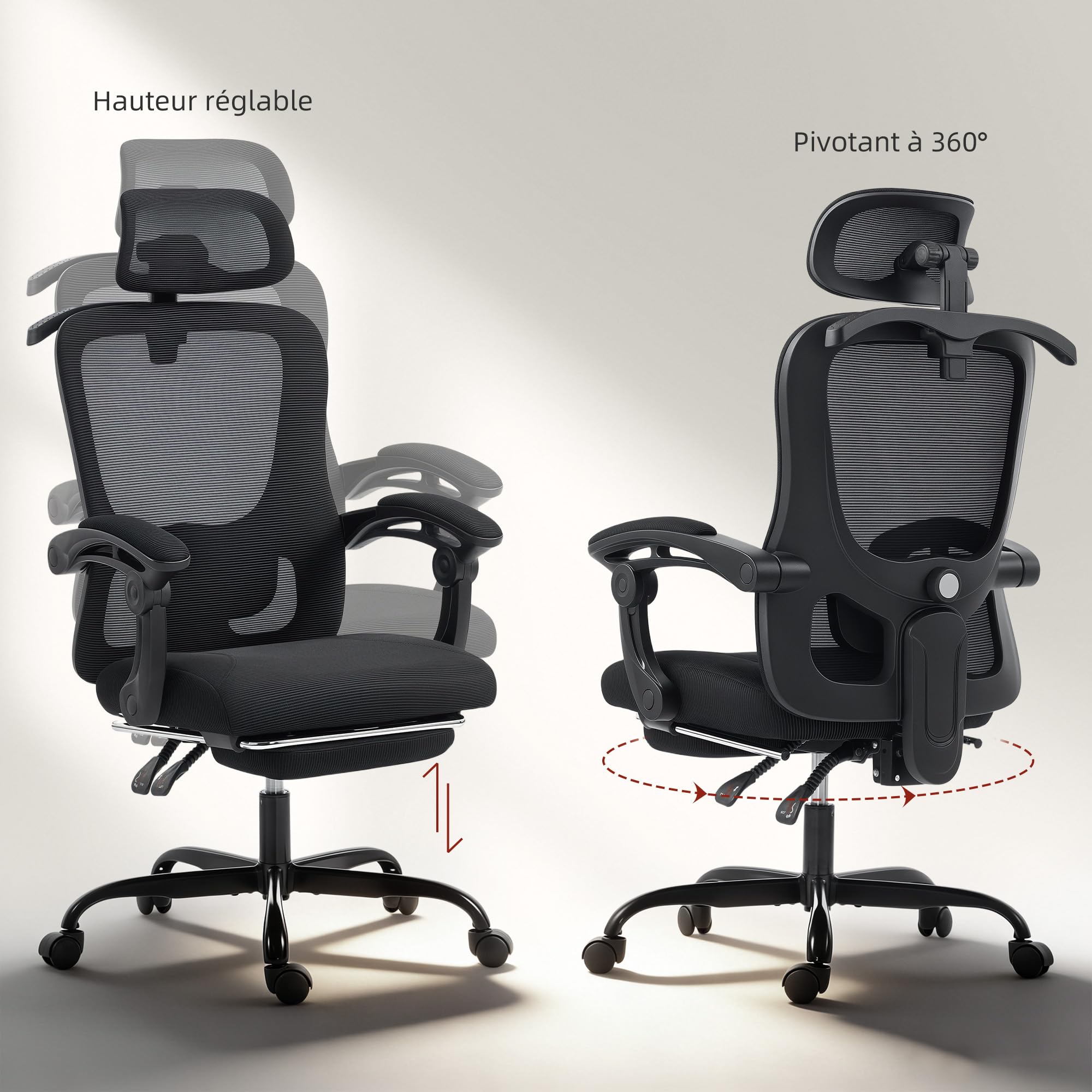 HOMCOM Chaise Bureau Ergonomique, Fauteuil de Bureau en Maille Noir