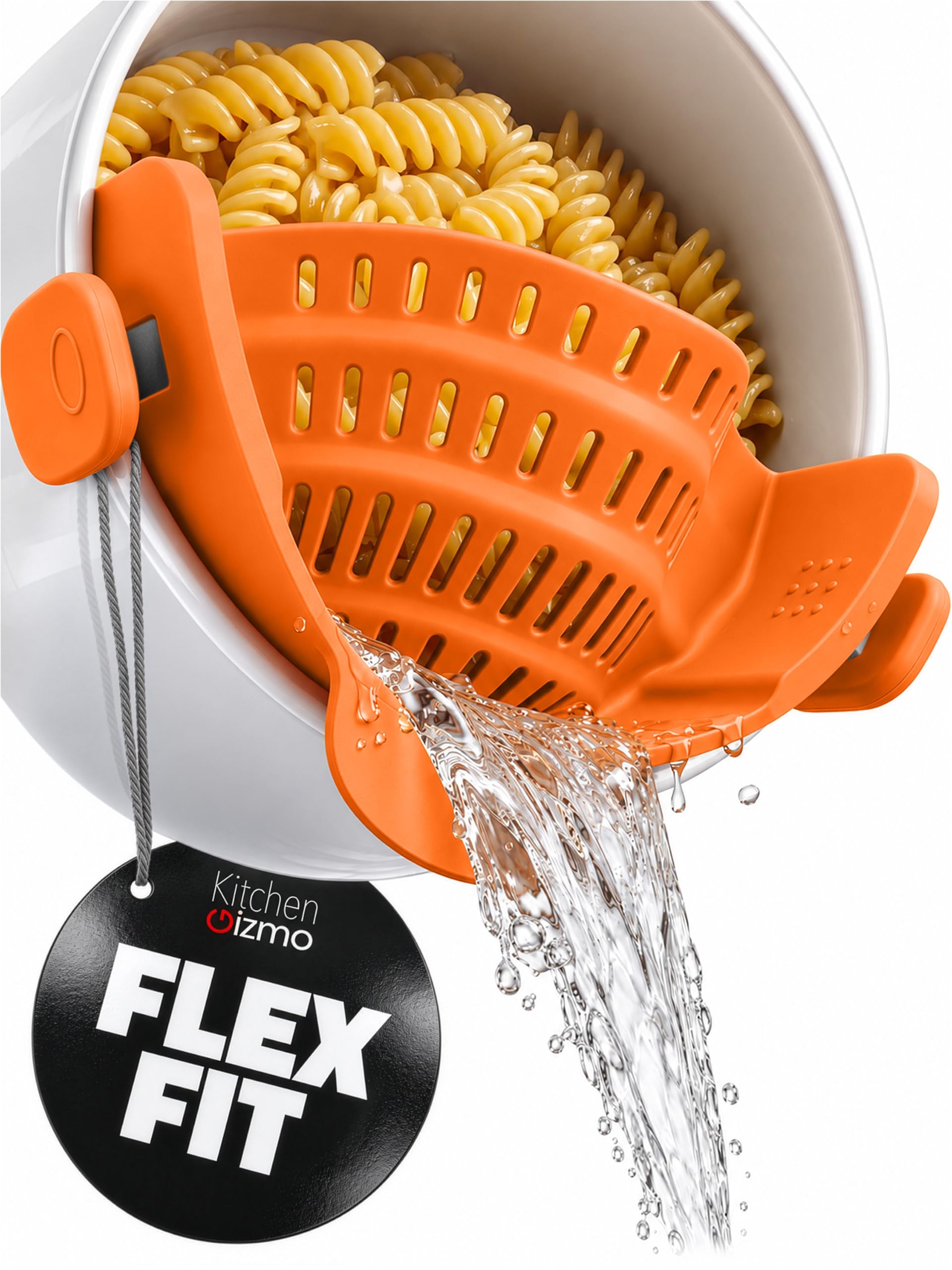 Kitchen Gizmo Snap N Strain Clip On Strainer for Pots and Pans - Adjustable Silicone Colander for Kitchen - Compact Clip-On Food Strainer for Draining Pasta and Vegetables - Orange
