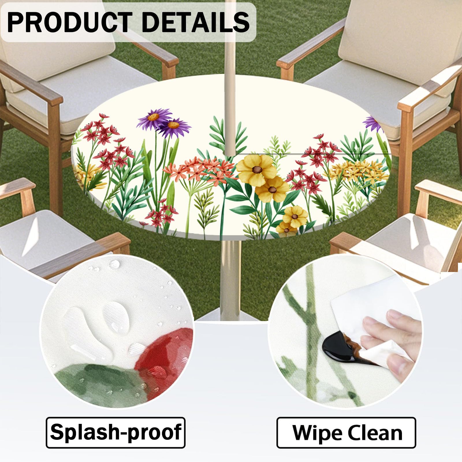 Odot Nappe Ronde Avec Trou De Parapluie Elastique Avec Fermeture éclair, Nappe D'extérieur Imperméable Pour Pique-Nique/Barbecue/Jardin/Parasol, 3D