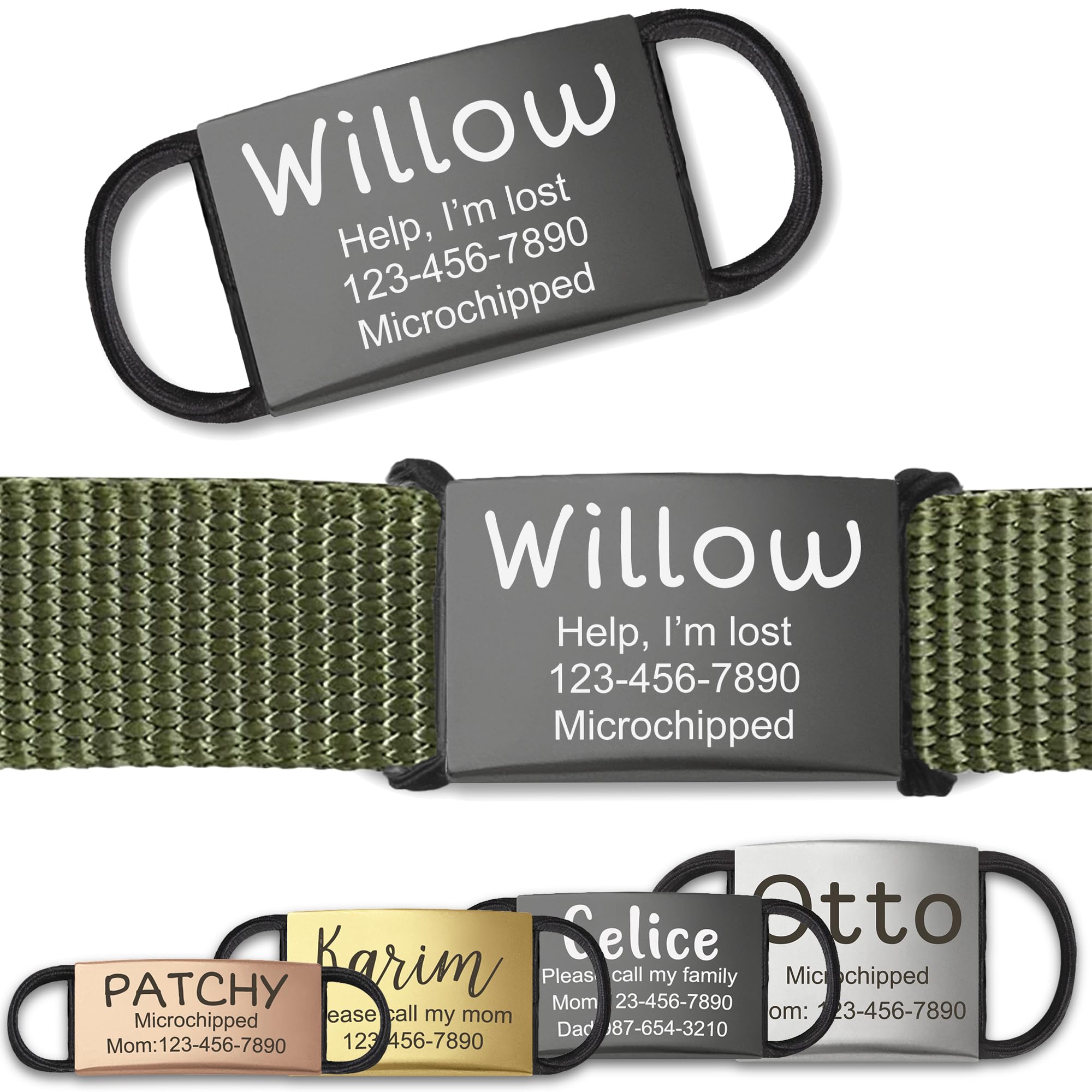 Anavia Slide On Silent Pet ID Tags, S/M/L/XL Personalized Stainless Steel Cat Dog Tag with Elastic Fabric Band, Engraved Nameplate Quiet Chew-Proof Pet Collar Tag (Black, Large)