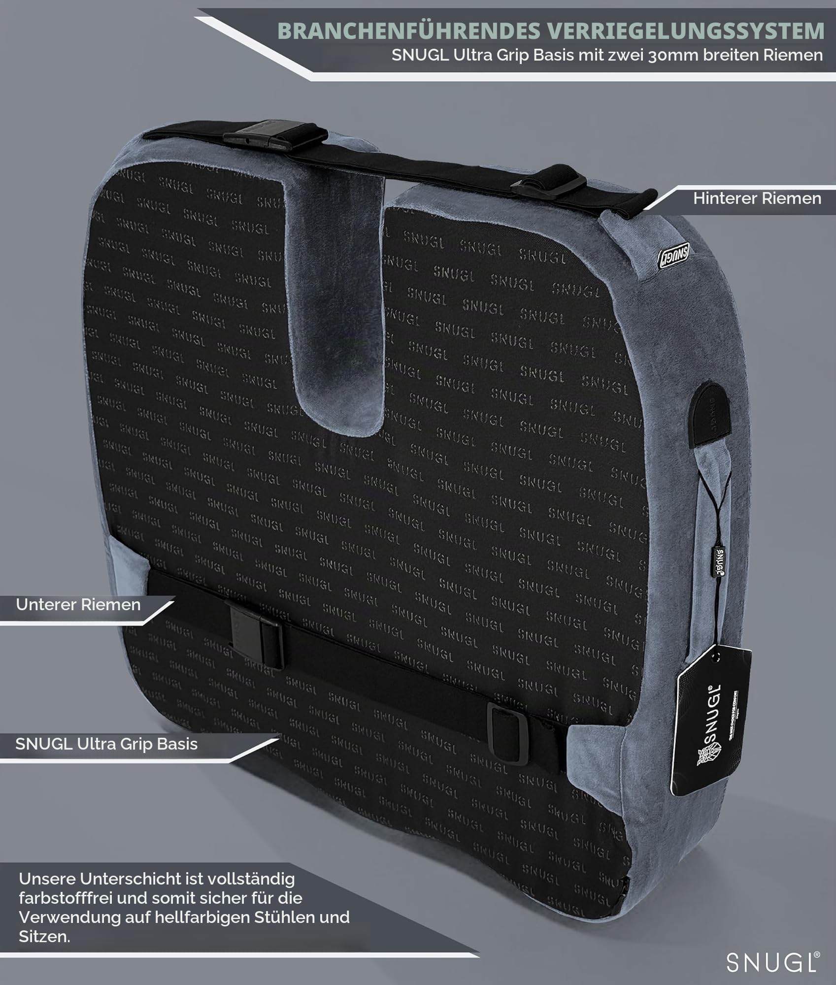 SNUGL Sitzkissen orthopädisch Memory Foam Steißbeinkissen | Stuhlkissen gegen Rückenschmerzen | Ergonomisches Keilkissen für Bürostuhl, Auto, Rollstuhl & Gaming Stuhl – Standard Hellgrau