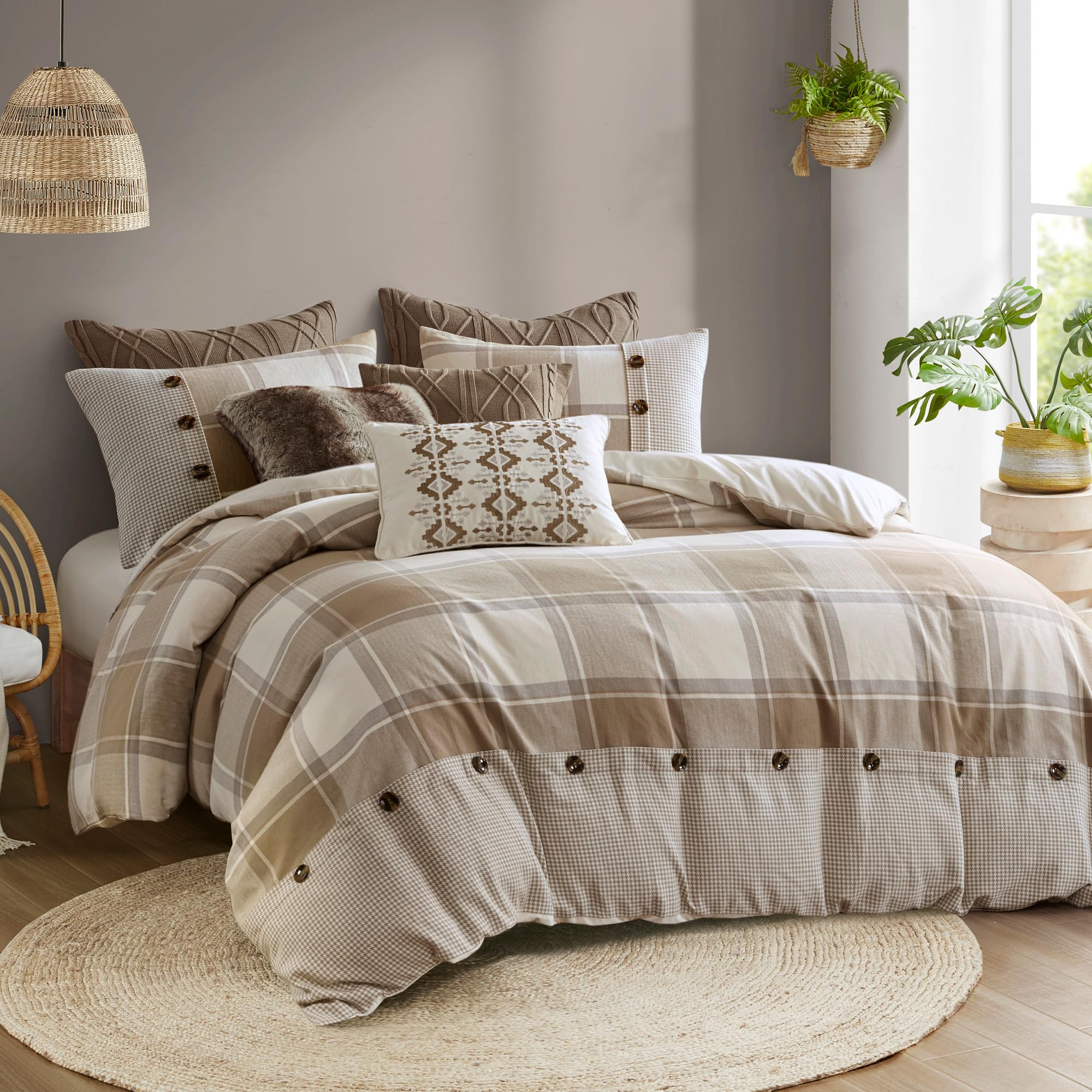 Madison Park Queen Comforter Cotton Jacquard Plaid Cabin Oversized Comforters Queen Bed, Removable Cover, All Season Queen Size Comforter, Décor Pillows, Full/Queen Neutral 8 Piece