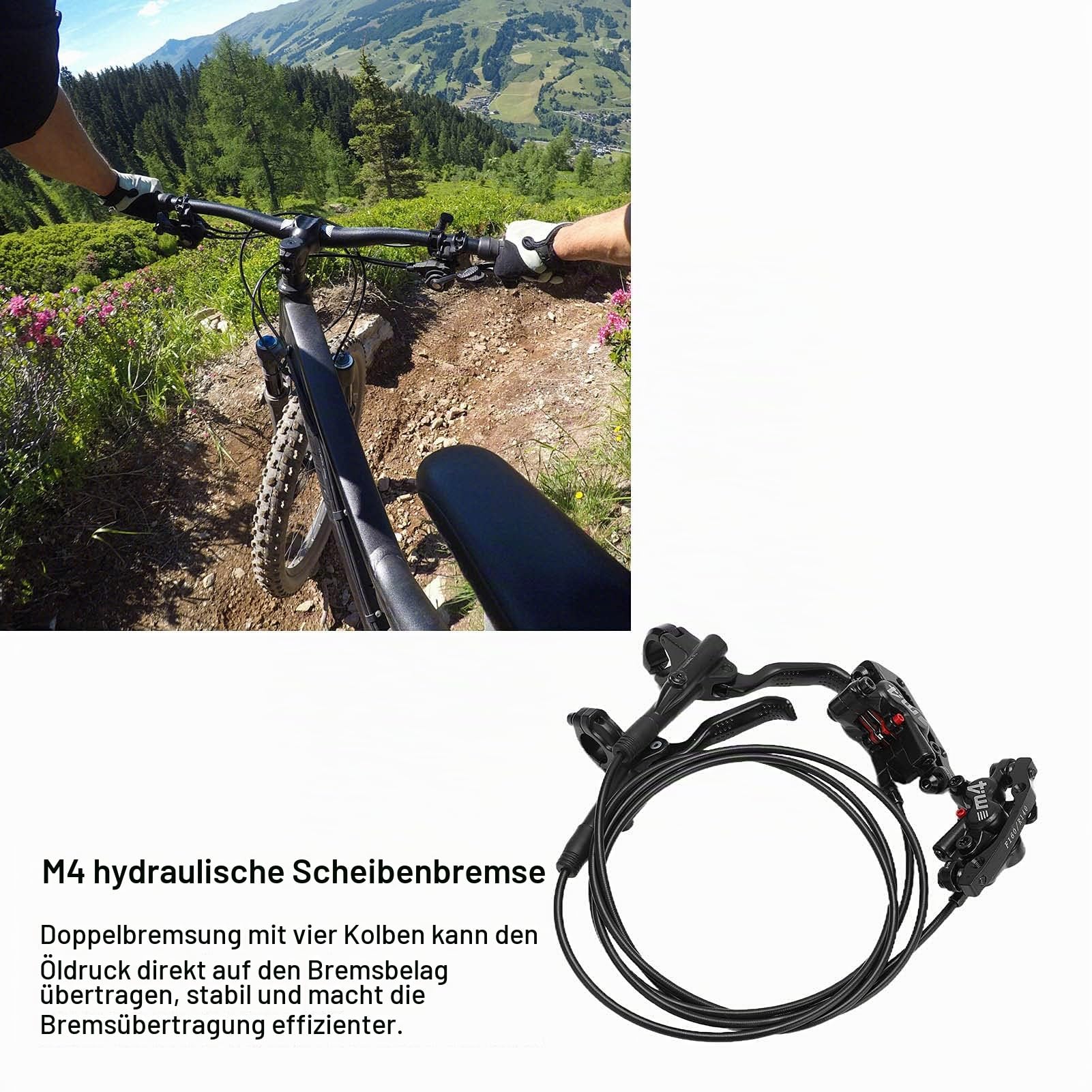 BTER M4 Fahrrad Hydraulische Scheibenbremse, Aluminiumlegierung 4 Kolben Bremssattel MT420 Links Hinten 1400mm Rechts Vorne 800mm Bremse, Scheibenbremsen Sets für Mountainbike, Fat Bike ,