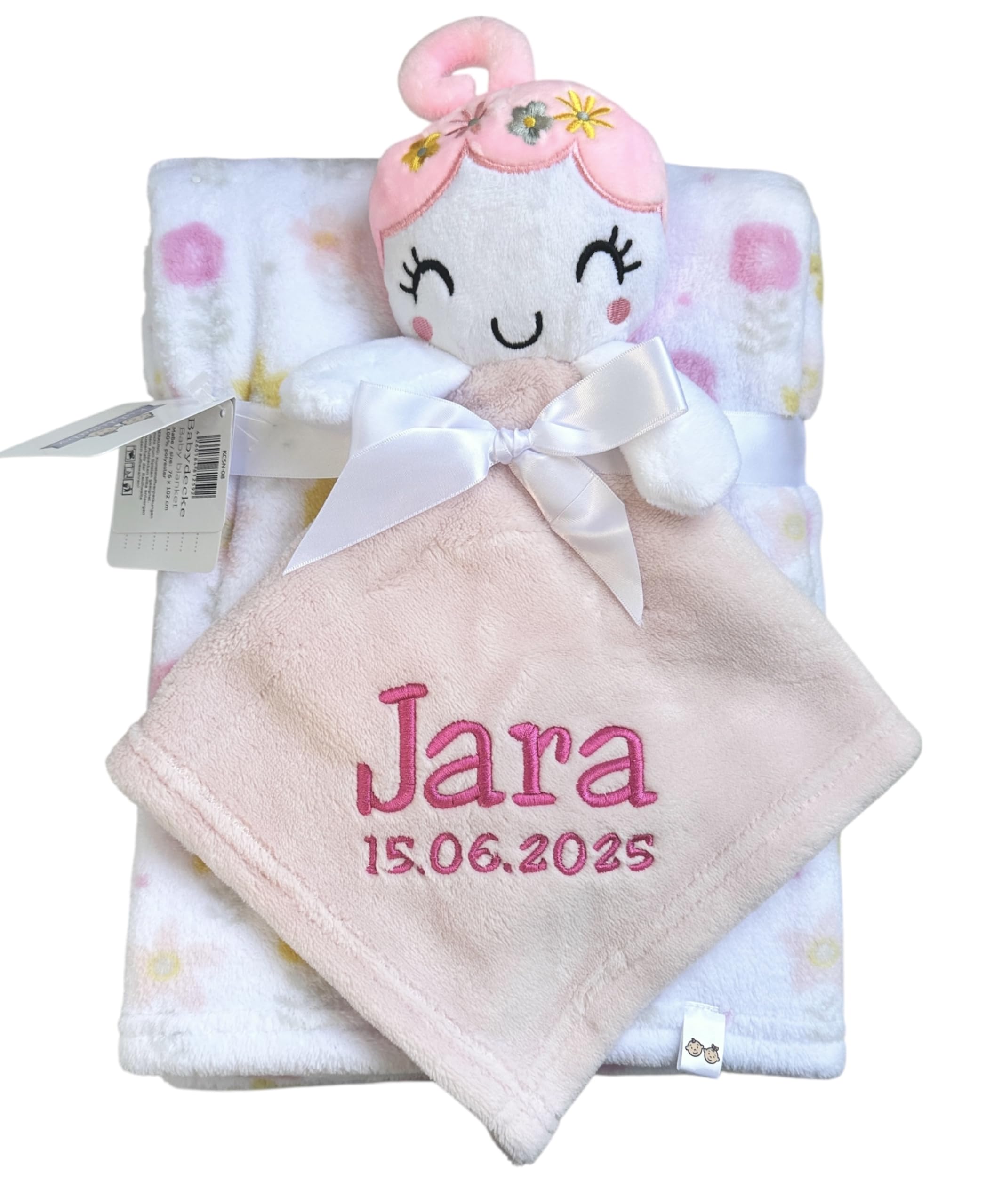 KIDDI-MEDIA Babydecke inklusive Trösterchen mit Name und Geburtsdatum Bestickt/kuschelig weich / 1A Qualität (Blumenmädchen 1)