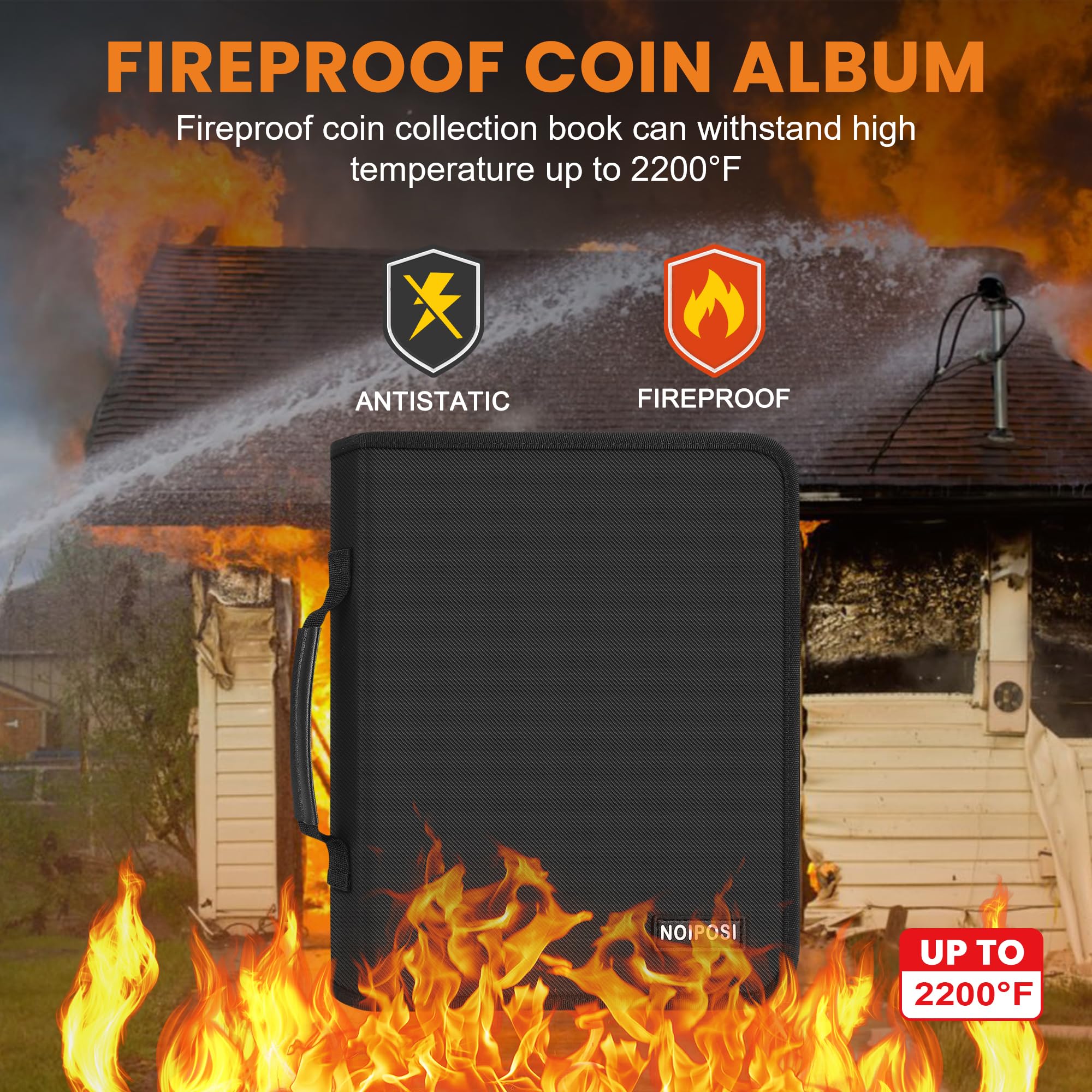 Coin Binder for Collectors with Handle, Fireproof 400 Pockets Coin Collection Album & 36 Paper Currency Book Sleeves, Coin and Bill Organizer Holder Supplies for Quarters, Pennies, 12.8x10.2x1.8inch