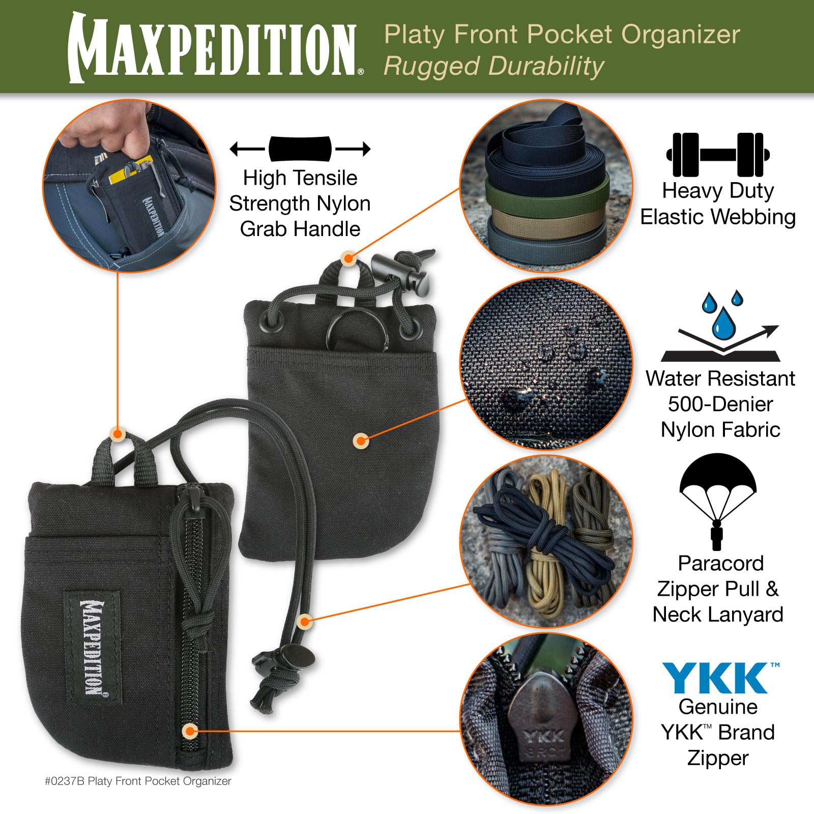 MAXPEDITION Platy Organiseur de poche, pochette à outils EDC durable pour homme, portefeuille tour de cou avec cordon en paracorde, peut contenir une lampe de poche, des outils multiples, un stylo, un
