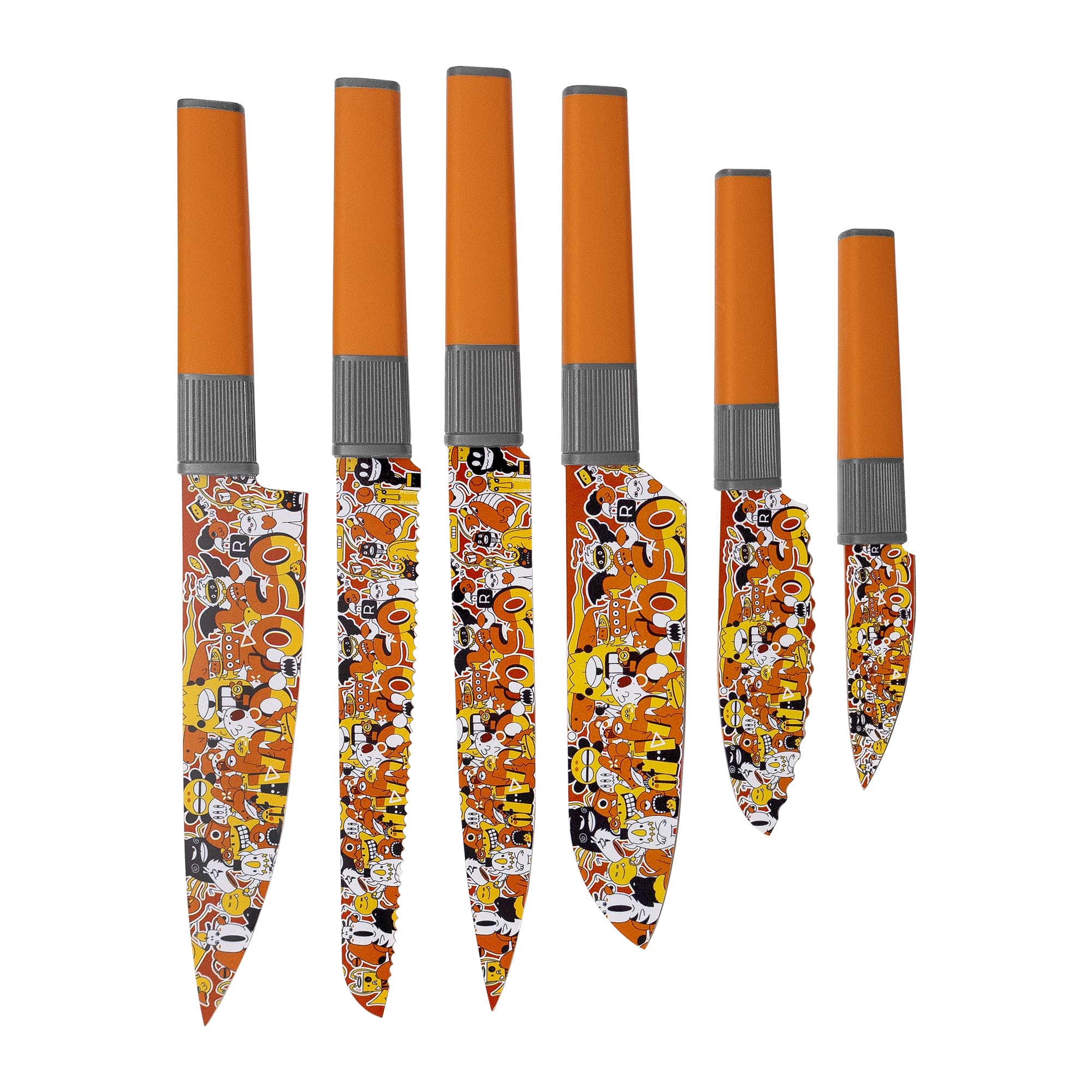 linoroso Knife Set for Kitchen, 6 Pieces Doodle Drawings Kitchen Knife Set with Gift Box, High Carbon Stainless Steel with Colorful Pattern Design Chef Knife Set, Sharp Knife for Gift,Saklei Series