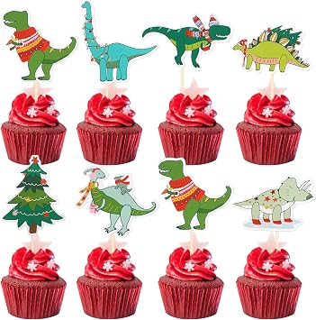 35 Pack Dinosaur Christmas Cupcake Toppers Glitter Shawls Sweater Winter Cupcake Picks Merry Christmas New Year Xmas Dinosaur Cupcake Decorations Party Supplies