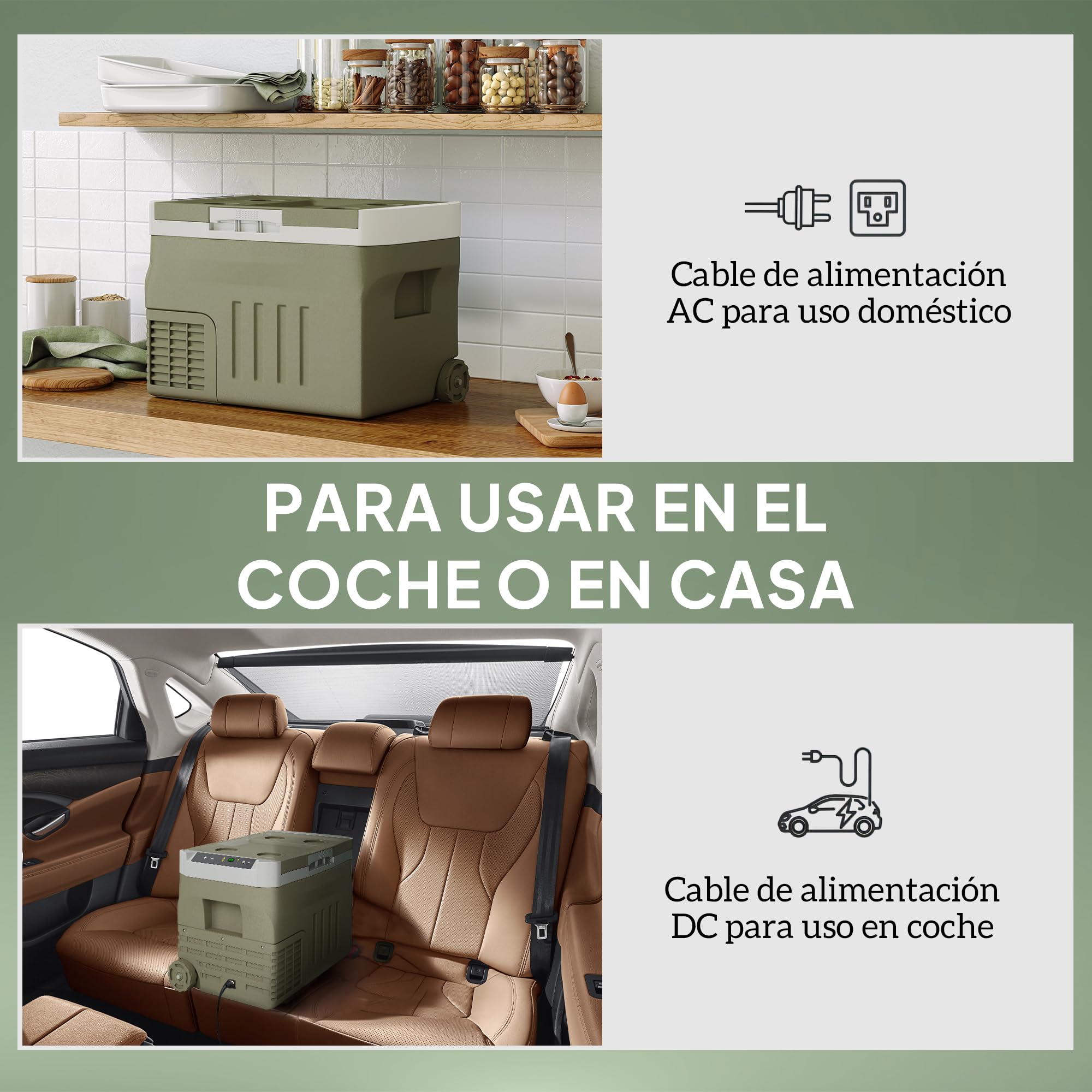 Outsunny Nevera Portátil Eléctrica 30L para Coche 61x39x41,5 cm Verde | -20℃ a +20 ℃, 12V/24V, Mini Frigorífico, Ruedas, Compresor, Pantalla LED Táctil, Hogar Camping Viajes Automóvil