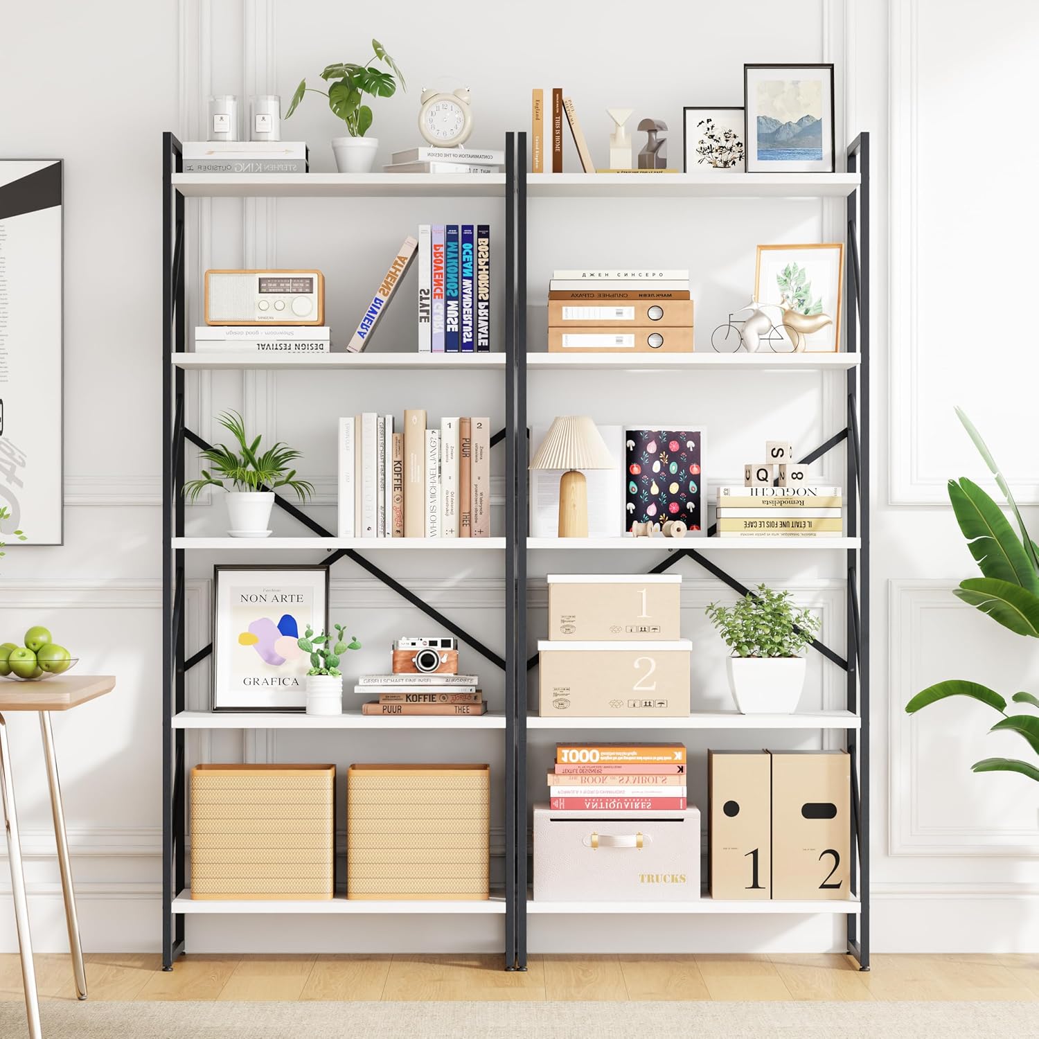 5 Tiers Bookshelf, Classically Tall Bookcase Shelf, Industrial Book Rack, Modern Book Holder in Bedroom/Living Room/Home/Office, Storage Rack Shelves for Book, White
