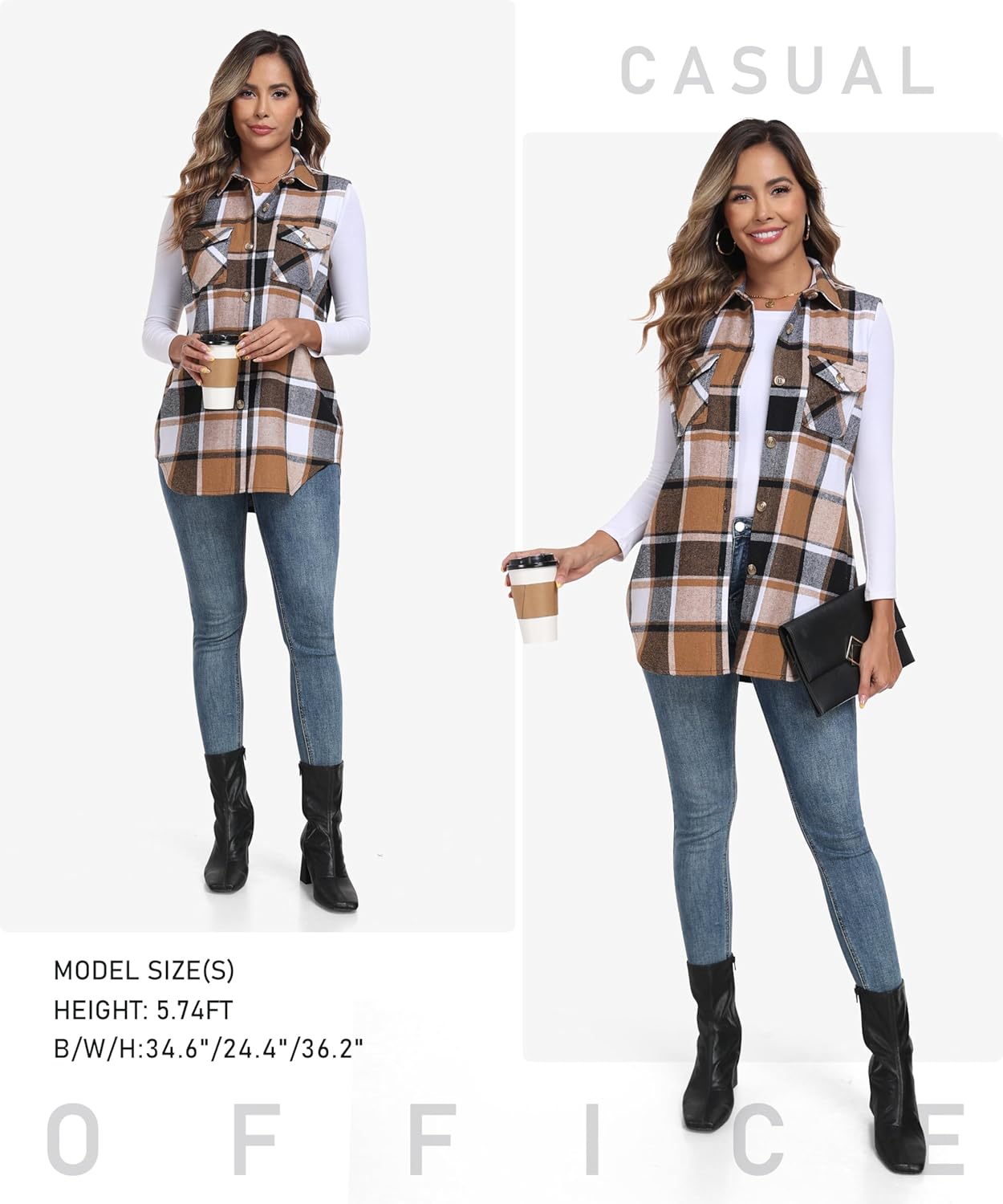 MoFiz Womens Long Flannel Plaid Vest Fall Winter Button Down Sleeveless Shacket Shirt Cardigan Coat With Pockets - Image 5