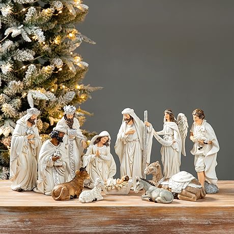 Glitzhome Ivory Resin Nativity Figurines Set - Modern Nativity Set