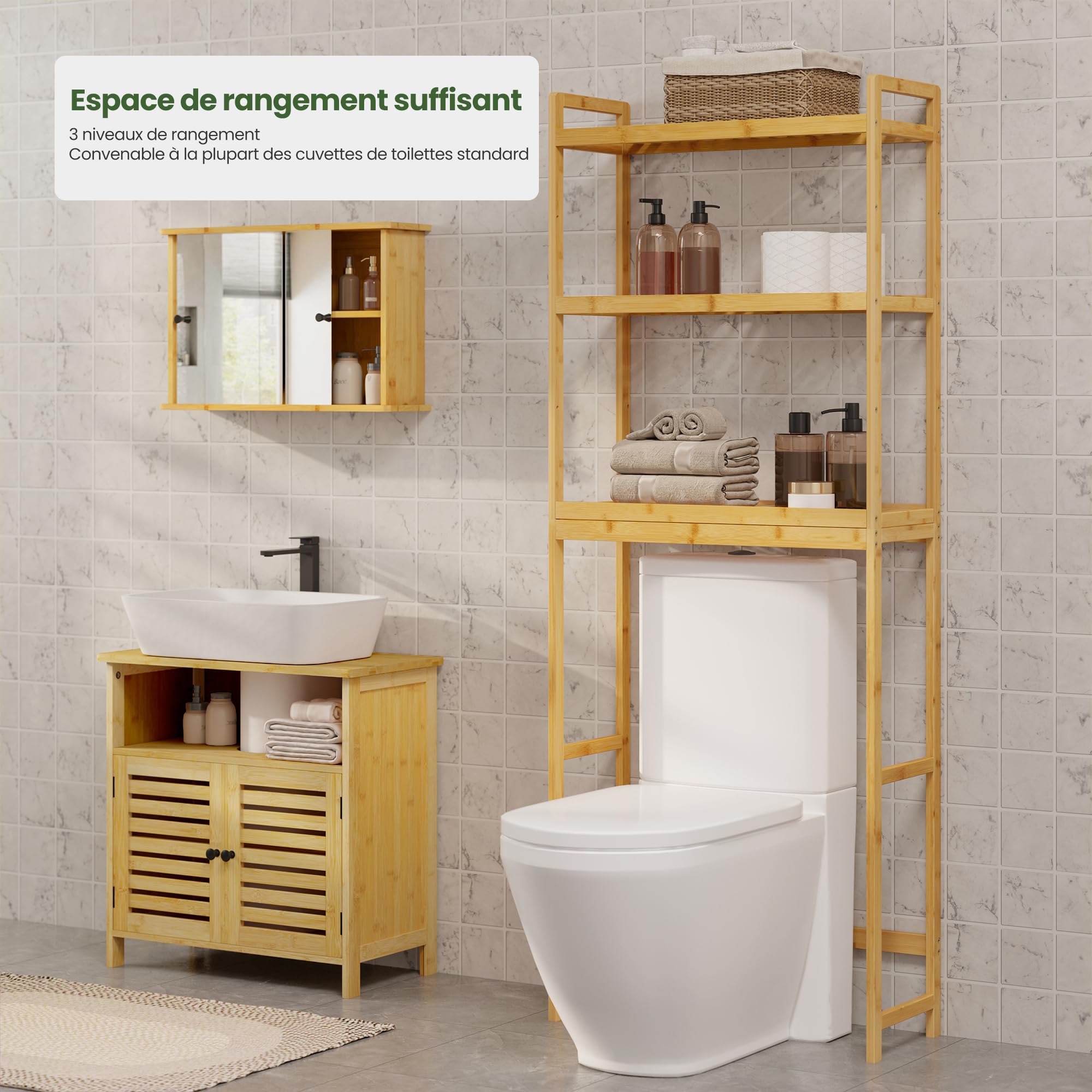 EUGAD Étagère Salle de Bain en Bambou à 3 Niveaux, Meuble au-Dessus Machine à Laver, pour Salle de Bain, Buanderie, 63,5x26x163 cm, en Couleur de Bambou Naturel