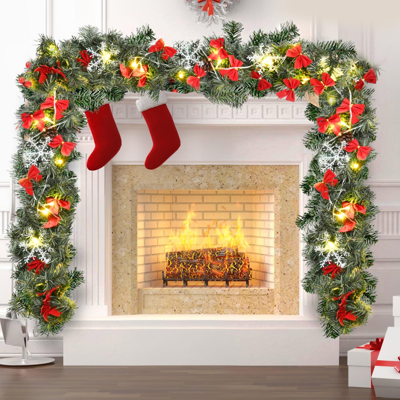 Kidken 2.7M/9FT Christmas Garland with Lights, Christmas Wreath Fireplace Garlands Decorations Pine Xmas Garland for Fireplace Stairs Door Xmas Tree Garden Yard Holiday Decor
