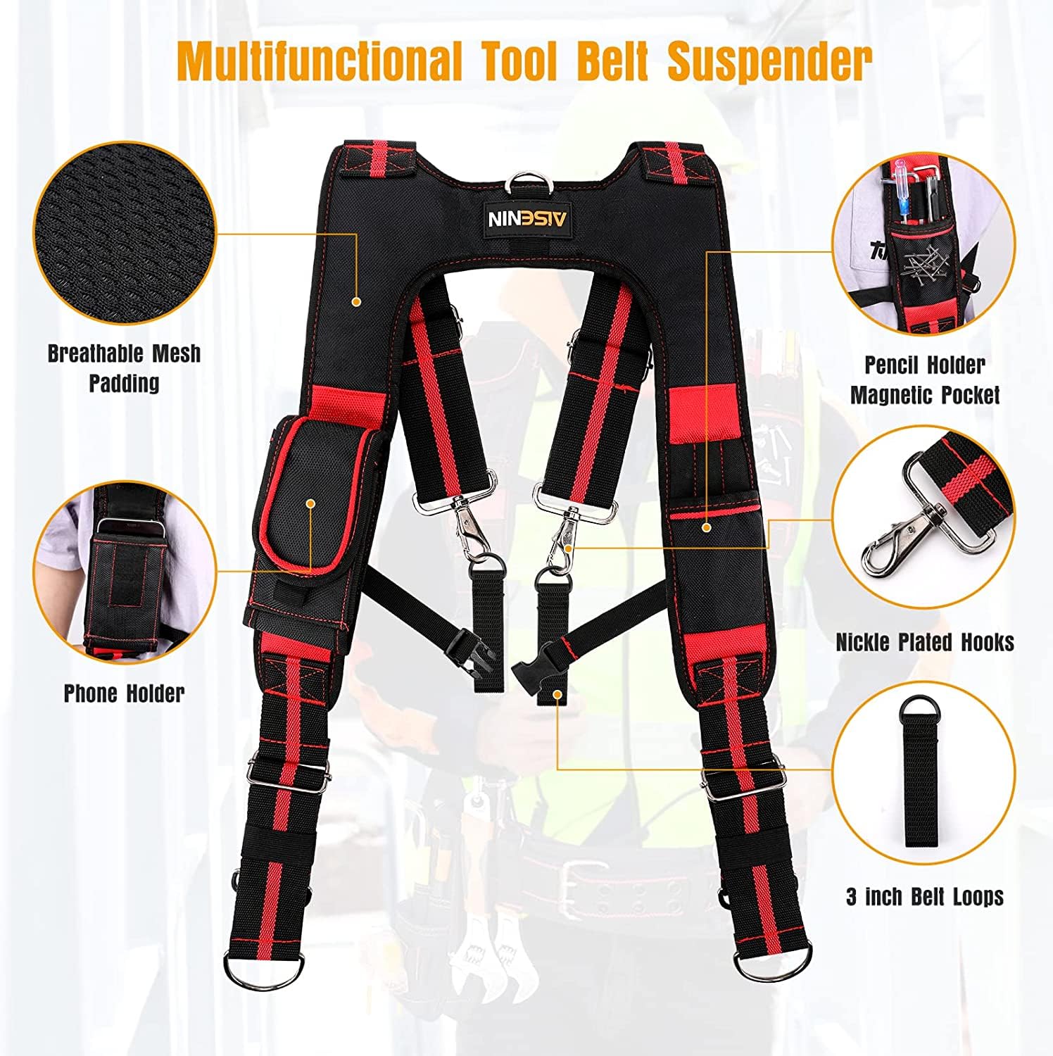 Tirantes acolchados para cinturón de herramientas, tirantes magnéticos resistentes para electricistas con soporte para teléfono móvil, soporte para lápices, lazo para tirantes.