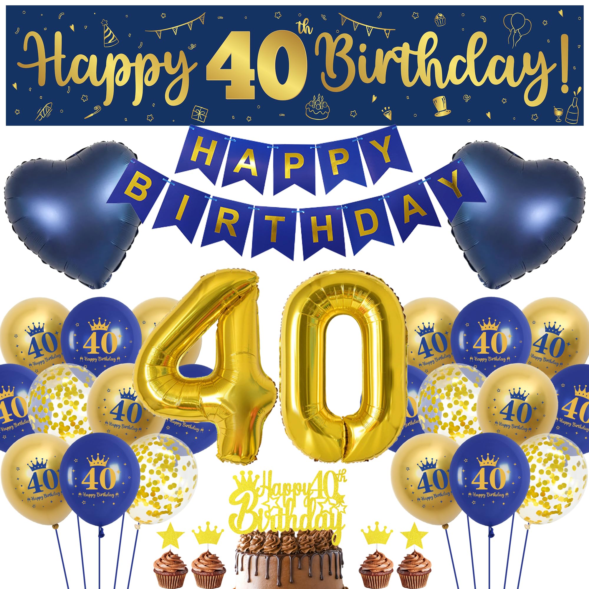 40th Birthday Decorations Men Navy - 47 Pieces Navy Blue Gold 40th Party Decor, Happy Birthday Banner, Number 40 Balloon, Cake Topper, Love Foil Balloons