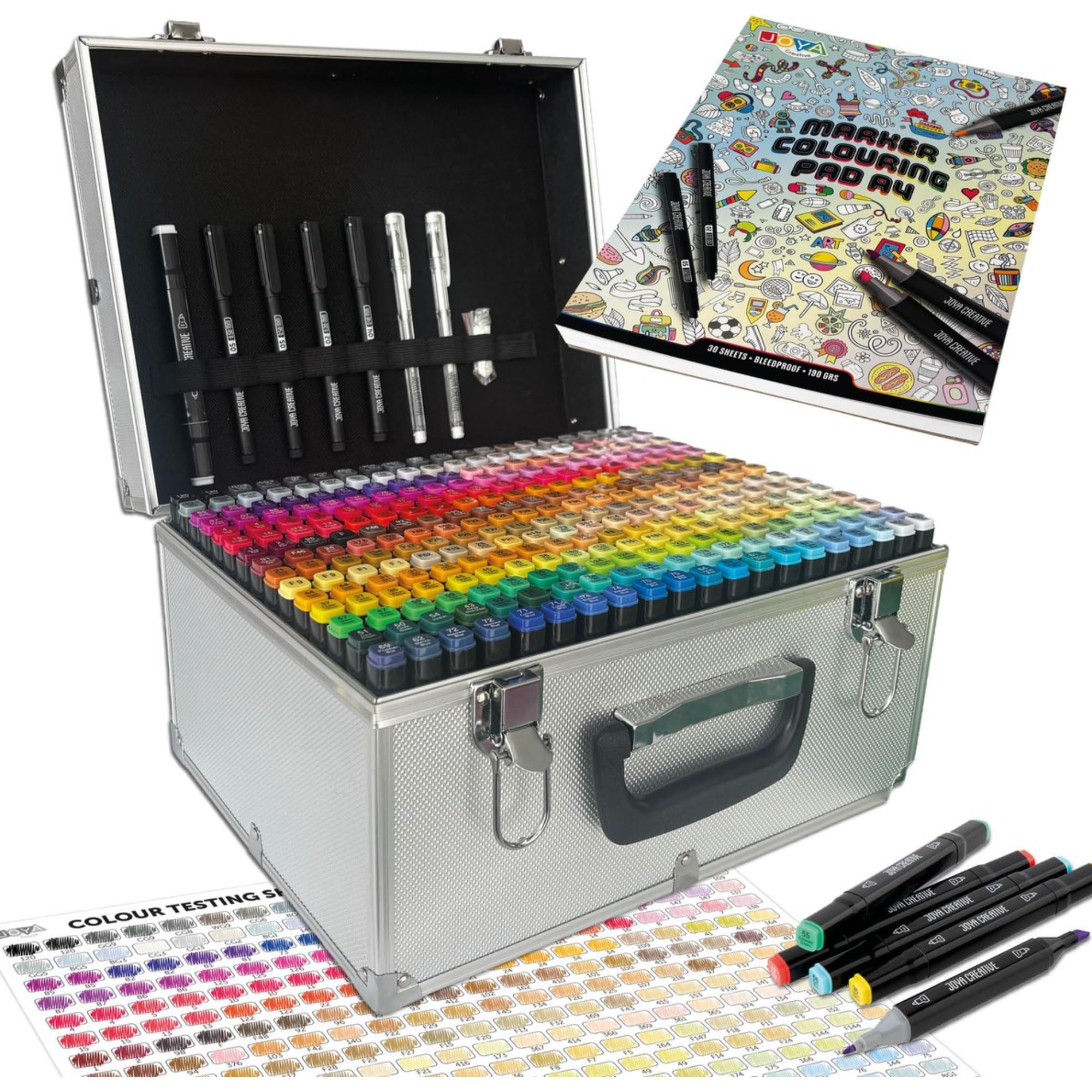 300 Farbe Alkohol Marker im Luxuriöser Metallkoffer mit Markerpad A4, Fineliner und Gelstifte, Doppelspitze Markern, Schnell Trocknende Alkohol Stifte, Mehrfarbig