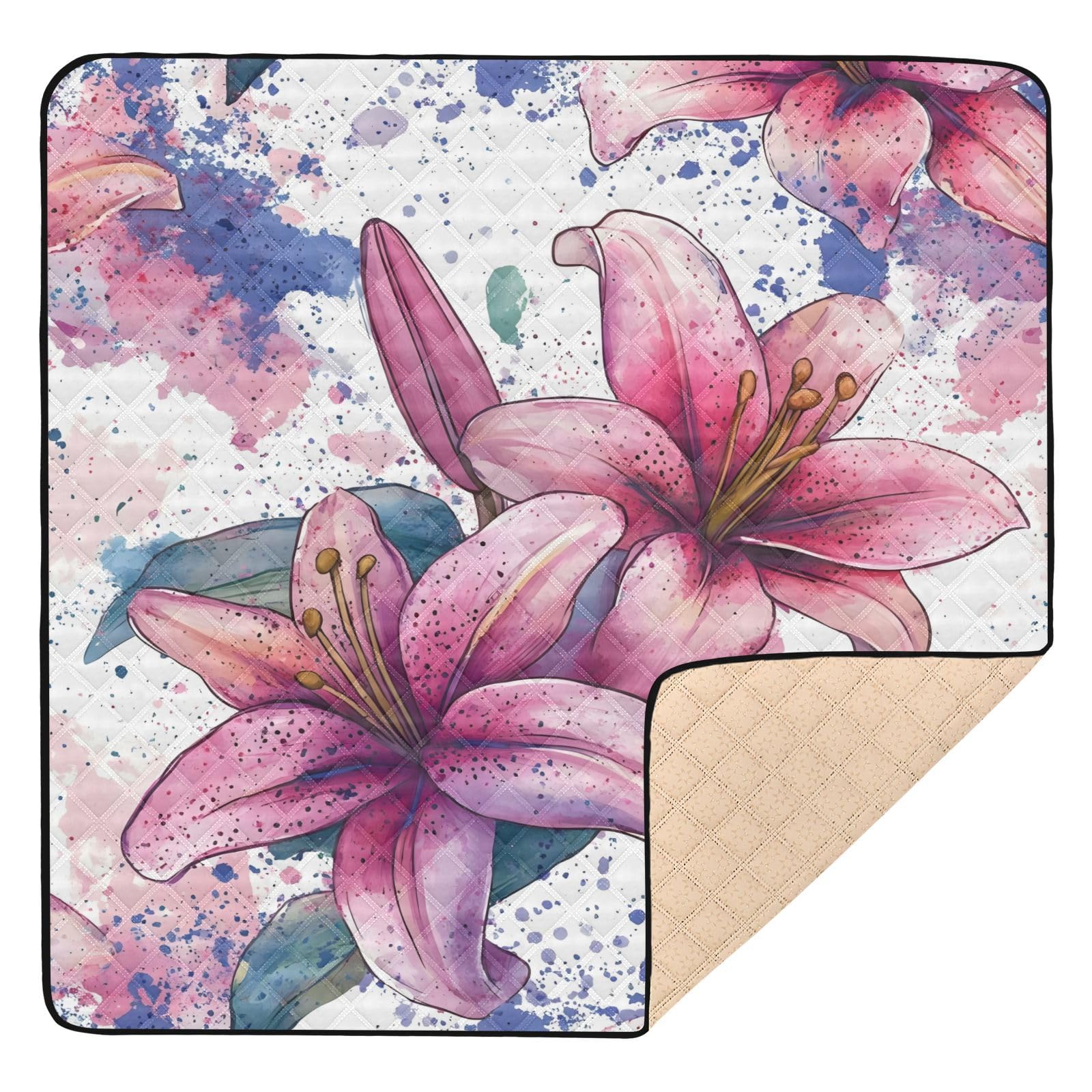 BOESI Watercolor Lily Pattern Baby Play Mat, 50“ X 50” Washable Folding Crawling Mat, Baby Floor Mat, Soft, Thick, Non-Slip