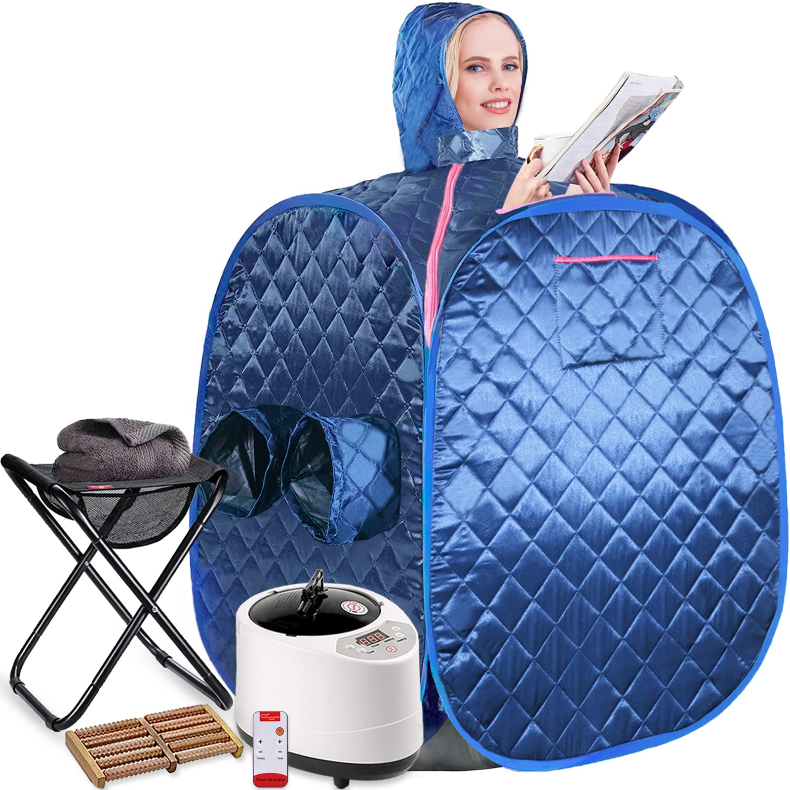 Portable Steam Sauna with 3L/1000W Sauna Steamer, Oversize Home Sauna with Remote Control 9 Temp Level/90 Min Timer, Foldable Stool 15.8in, Personal Sauna Tent for Full Body Relaxation (Royal Blue)