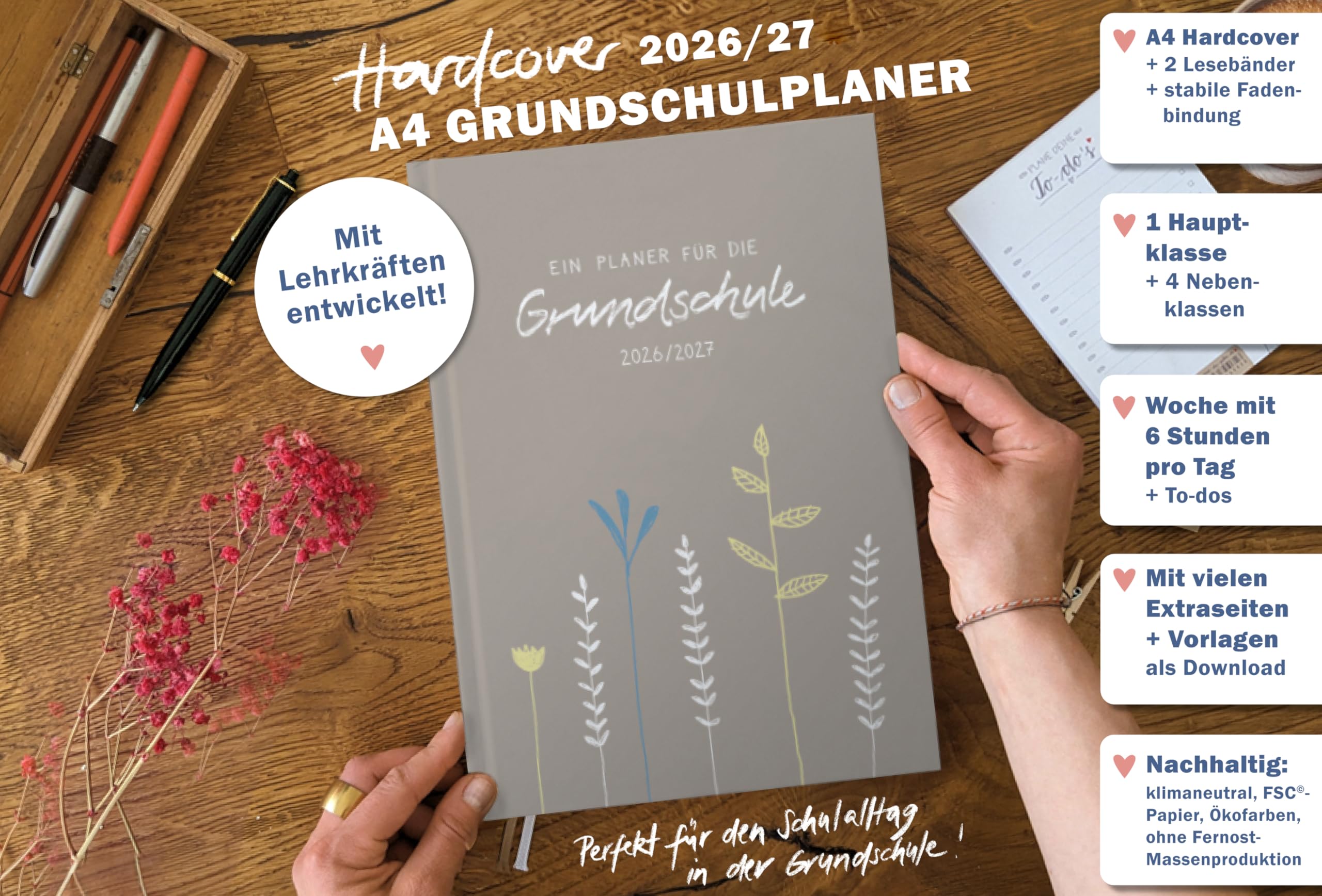 Eine der Guten Grundschulplaner 2026/2027 A4 Hardcover – Lehrerkalender Grundschule 2026 2027 | 2 Lesebänder, 6 Stunden, Beobachtungsbögen | nachhaltig, FSC-Papier, klimaneutral | Grau Beige Blumen