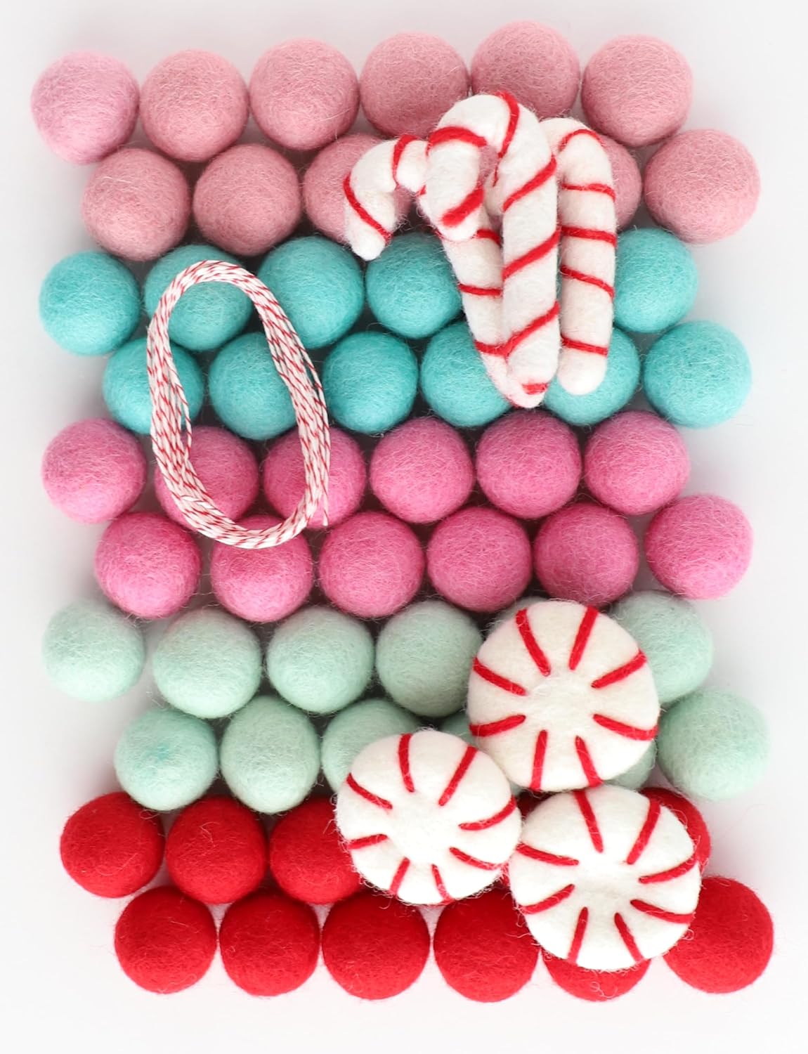 Mini Felt Factory | Felt Ball DIY Christmas Garland Wool 1 inch Pom Ornament Set Red Seasonal Winter Home Mantel Decor White Craft Project Supplies Kit | 10 Feet String (Boho Peppermint)