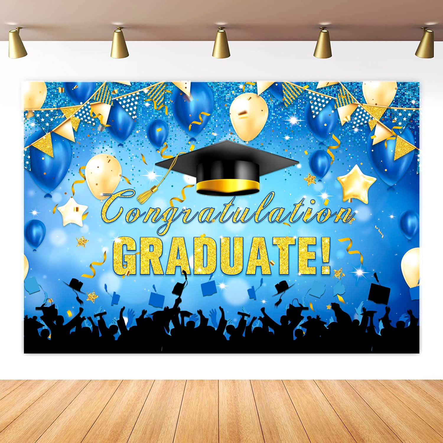 Large Grad Congratulations Banner Graduation Decorations Class of 2026, 72x44 Inch Blue and Gold Graduation Backdrop 2026 Graduation Party Decorations
