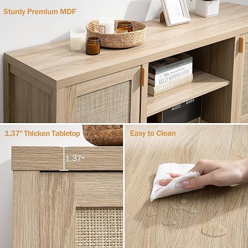 Miniatura 3 de SICOTAS Soporte de TV de ratán para sala de estar, mueble consola de TV de madera de 26 pulgadas de alto con almacenamiento y estante ajustable,