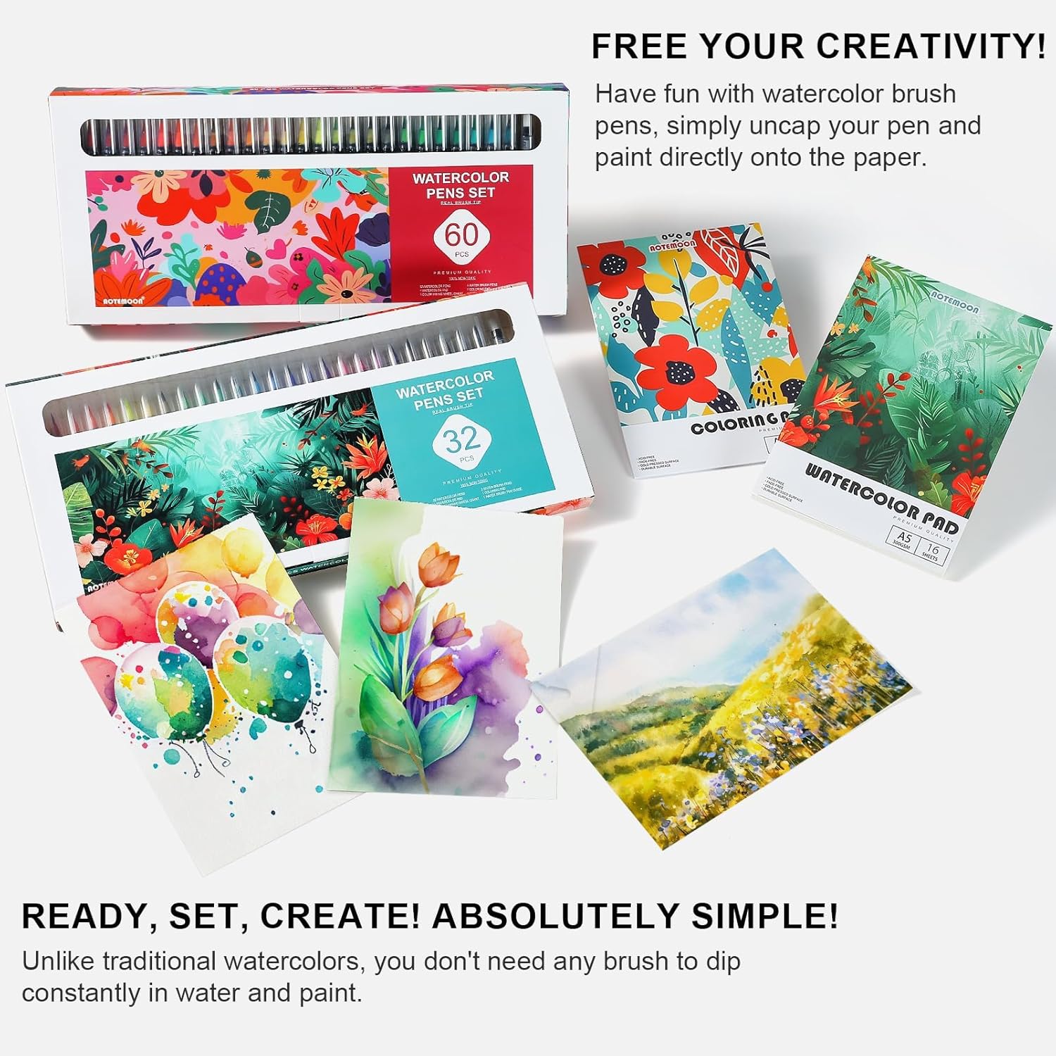 60 Watercolor Pens Set Includes 52 Vivid Colors, Real Brush Tips Paint Markers Set with 4 Blender Pens, Watercolor Pad and Coloring Pad, Art Supplies Gifts for Beginners Young Artists and Adults