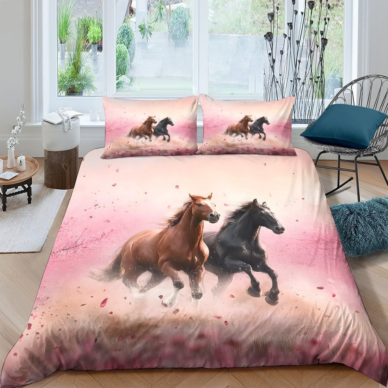 GPLZQXKJNH 3D Printed Running Horses Duvet Cover Microfiber Soft Breathable Wild Horse Quilt Cover Set with 2 Pillowcases for Bedroom Decor Single（135x200cm）