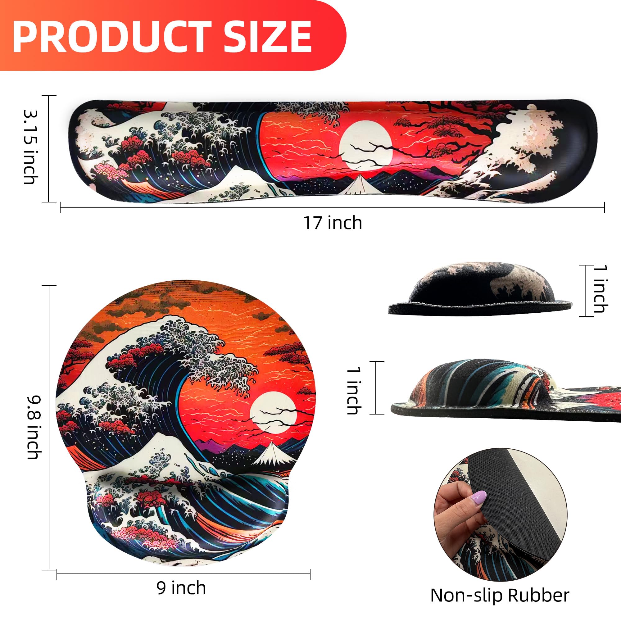 Hopipad Ergonomic Japanese Sea Waves Small Mouse Pad with Wrist Rest and Keyboard Wrist Rest Set,Easy Typing & Pain Relief,Gaming Mousepad with Wrist Support for Computer Keyboard,Non-Slip Rubber Base
