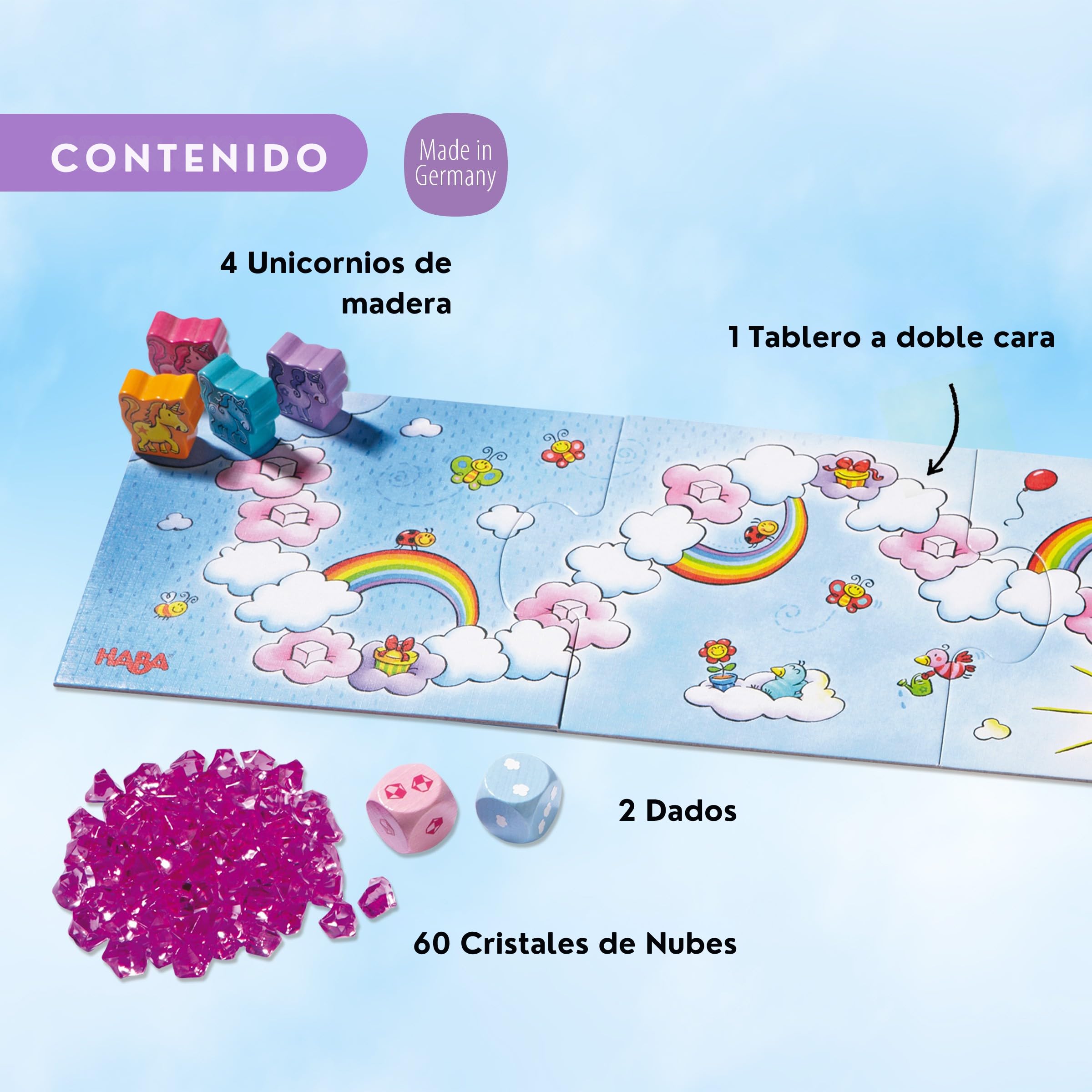 HABA 2012230005 - Unicornio Destello El Tesoro de Las Nubes, Juego Infantil de Mesa de acumulación. Más 3 años