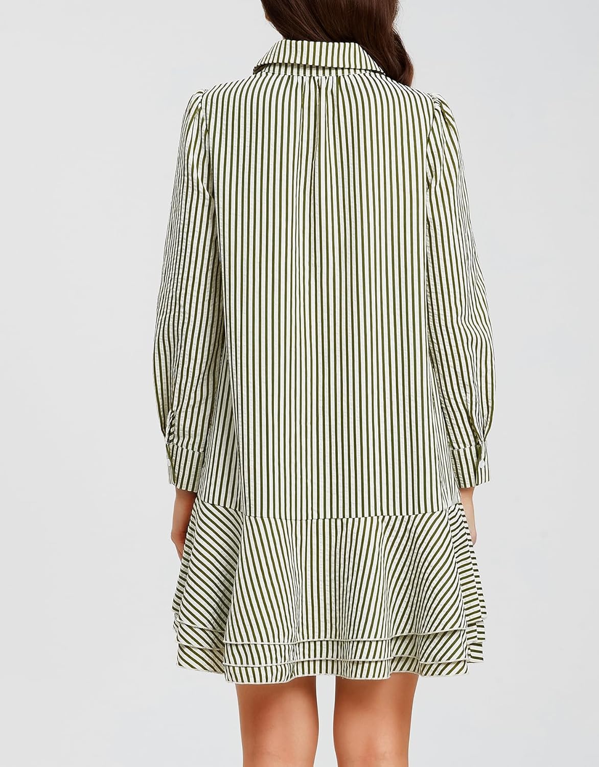 Ladyful Long Sleeve Striped Shirt Mini Dress for Women Button Down Ruffle Tiered Drop Waist Shift Tunic Short Dress - Image 5