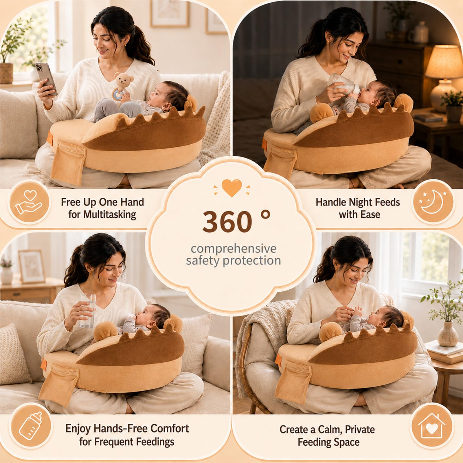Cojín de lactancia, Almohada de Lactancia con Espuma Viscoelástica 45D, Superficie XXL 58×40cm, Correa Antideslizante Ajustable&Funda 100% Algodón Lavable, Cojín Ergonómico para Recién Nacidos Naranja