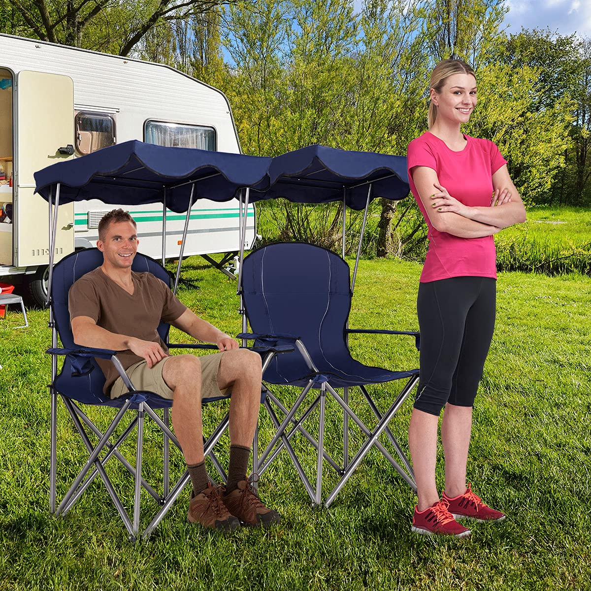RELAX4LIFE Silla Plegable Camping con Toldo para Pesca y Marco de Acero, Silla de Playa de Tela Oxford con Soporte para Bebidas y Bolsa de Transporte para Excursión y Camping, Carga 120kg (Azul)