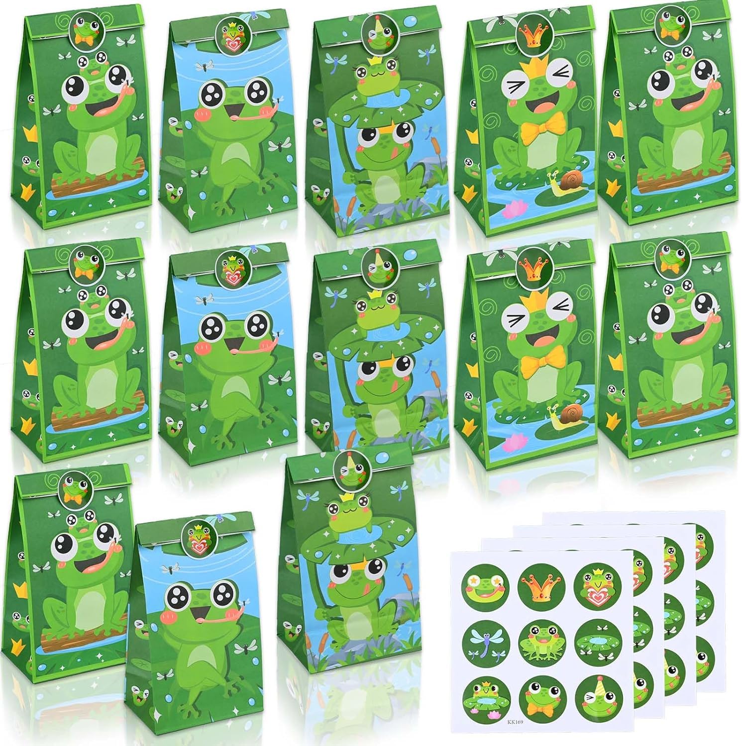 Azonee 24 Pack Frog Party Paper Bags Candy Gift Bag with 36 Pcs Frog Stickers Cute Cartoon Shower Frog Themed Birthday Party Decorations Spring Themed Birthday Party Supplies Gifts for Kids