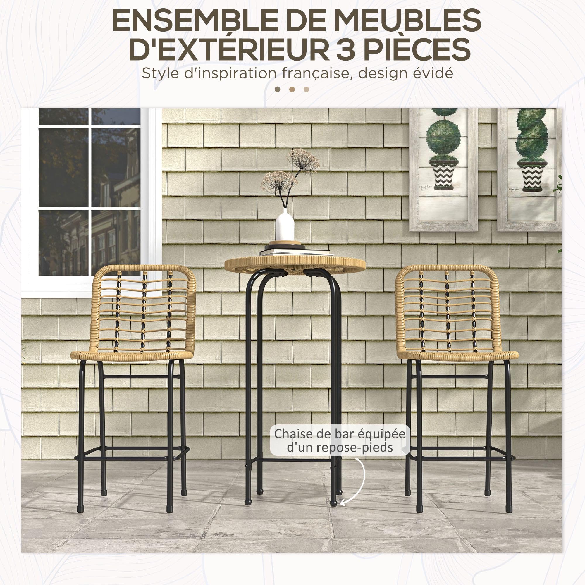 Outsunny Ensemble de Bar de Jardin 3 pièces Table Haute Ronde Design bohème + 2 tabourets Ronds Repose-Pied métal Naturel Noir