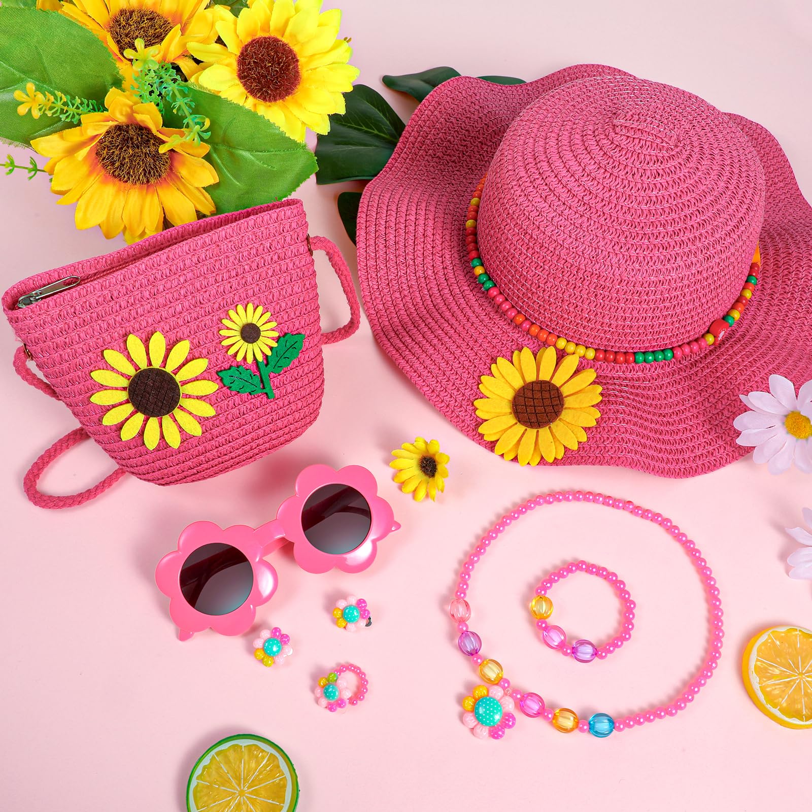 Sonnenhut Kinder Stroh Tasche, Mädchen Strohhut Set mit Kinderschmuck Sonnenbrille, Sommerhut Umhängetasche Mädchen Strohhüte mit Blumendekoration Sommer Strandhut Sonnenhüte
