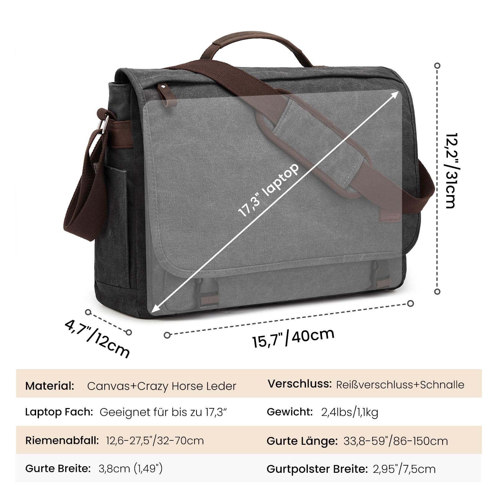 S-ZONE Herren Umhängetasche 17,3 Inch Übergröße Messenger Bag Canvas Laptoptasche Aktentasche Schultertasche Arbeitstasche mit Gepäckfach