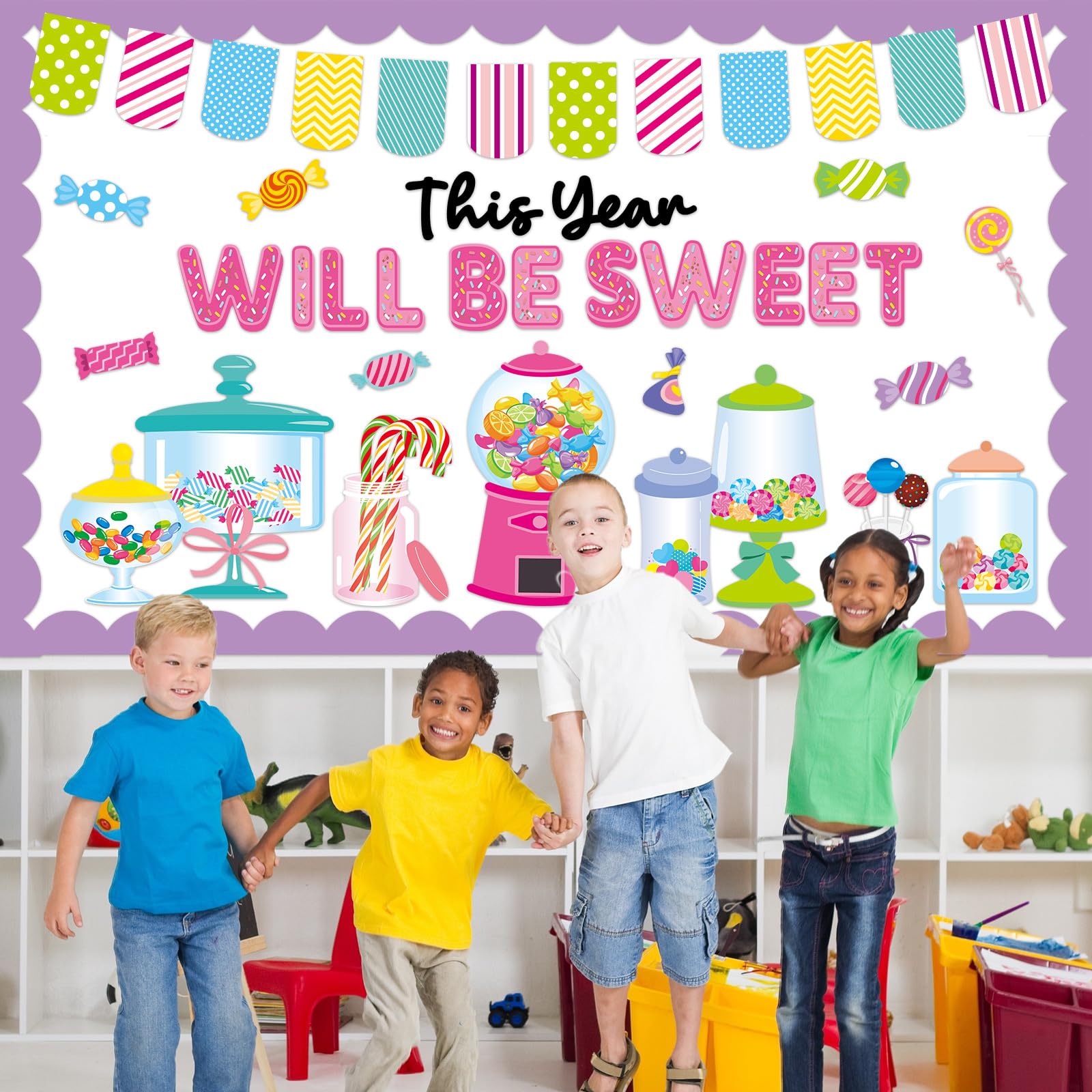 QOUBAI Juego de tablón de anuncios de caramelos, decoración de tablón de anuncios para aula, máquina de chicles, recortes de papel para bienvenida de regreso a clases, decoración de puerta de pared