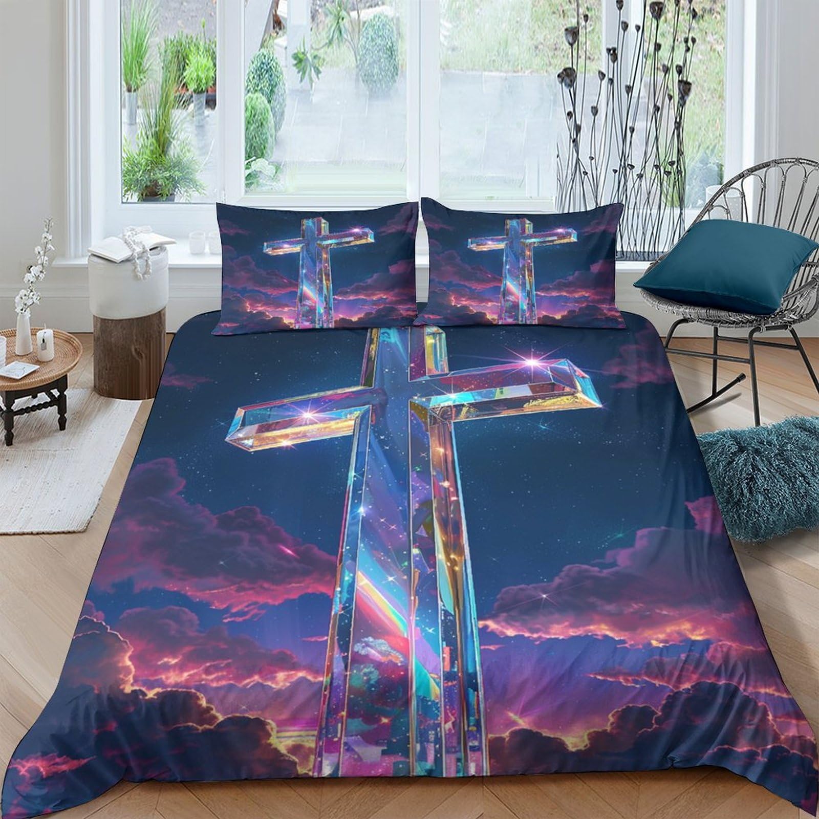GPLZQXKJNH 3D Printed Iridescent Cross Duvet Cover Microfiber Soft Breathable Sunset Sky Bedding Set with 2 Pillowcases for Bedroom Decor Single（135x200cm）