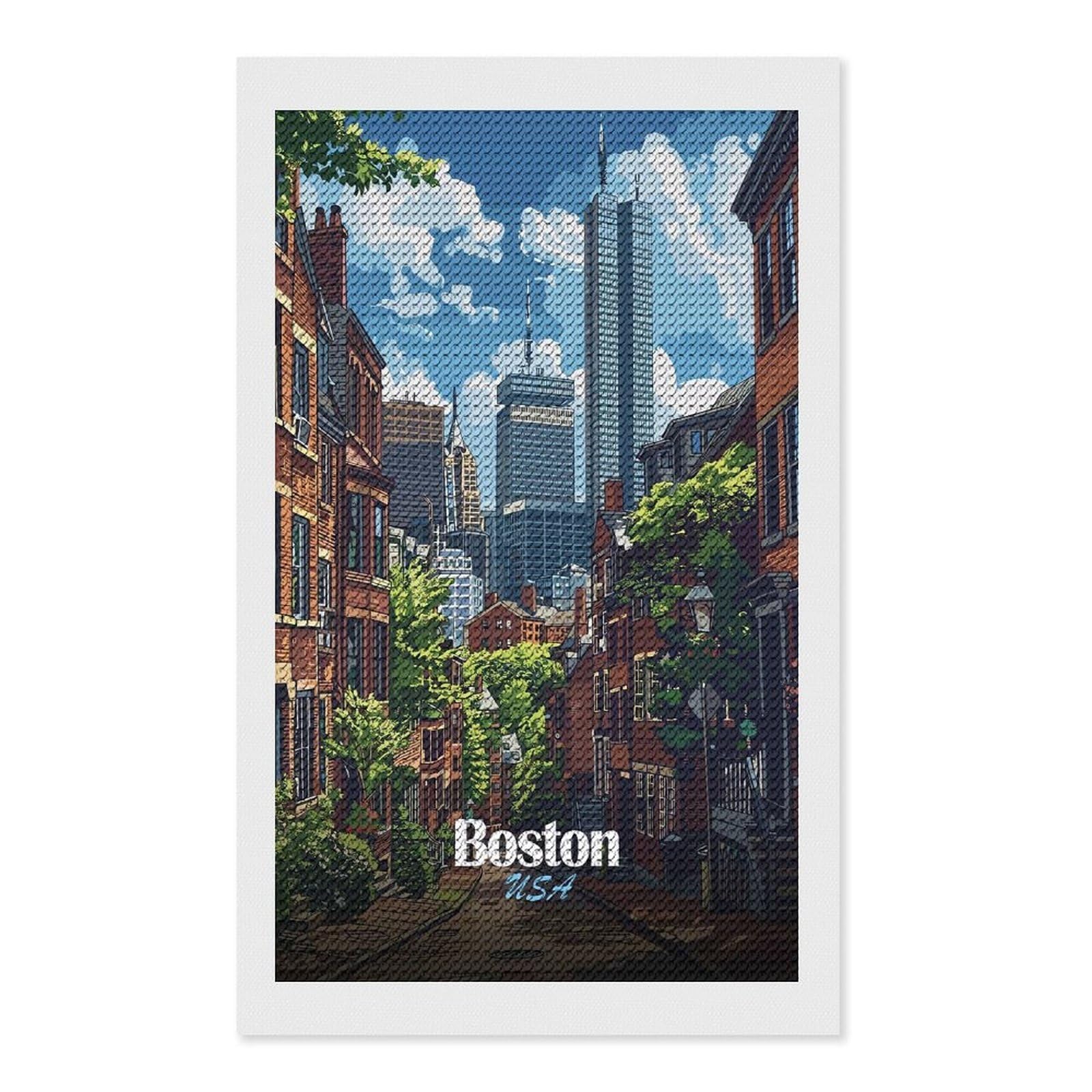Junmoney Boston USA Cityscape Illustration DIY Diamond Art Canvas Kit 12"x20", Relaxing DIY, Sparkling Crystal Beads, Vintage Style Decor, Holiday Gift Idea
