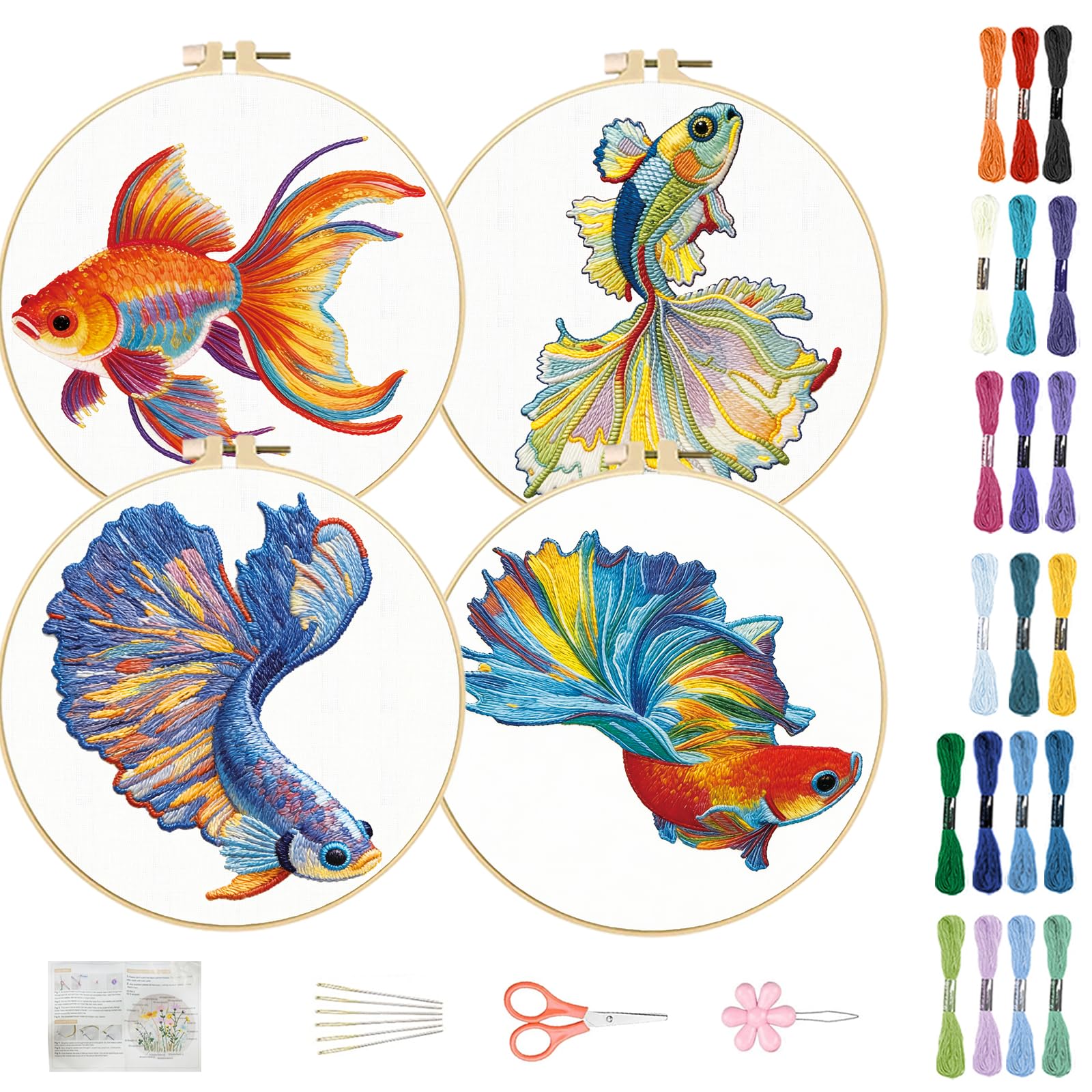FREEBLOSS 4 Stickset Für Anfänger Stickset Mit Vorgedrucktem Koi Fisch Muster Anleitung Farbige Fäden 2 Creolen 7.87"/20cm