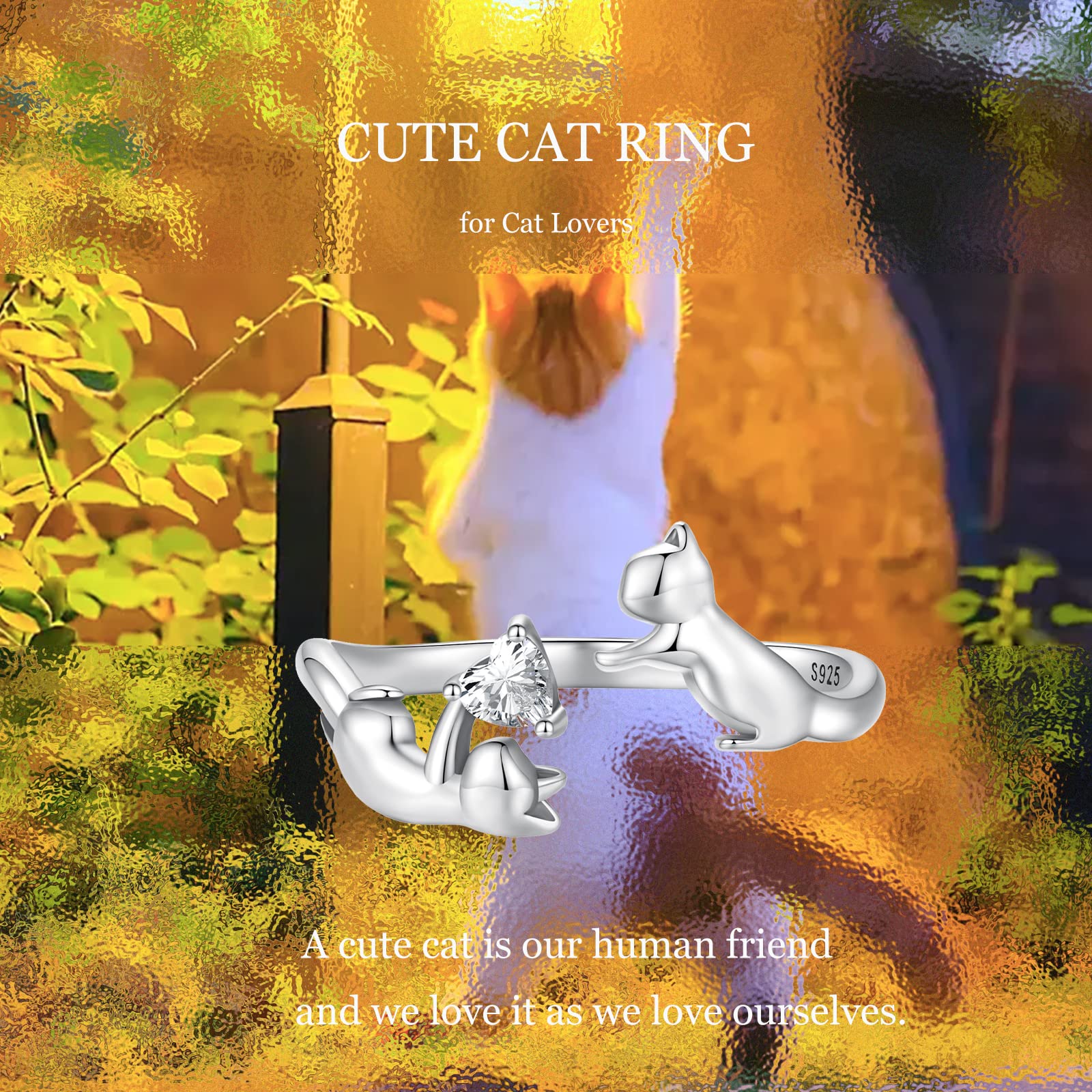 Qings Damen Katze Verstellbare Ringe Offen Katzenring Sterling Silber 925 Süß Tier Finger Ring Schmuck Geschenk für MäDchen Teenager