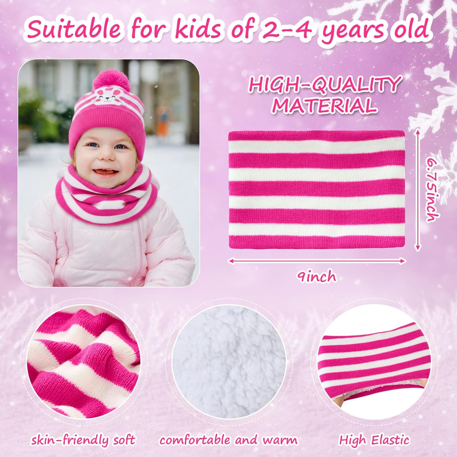 3 Set Dinosaur Kids Toddlers Winter Knit Hat Scarf Gloves Set for Boys Girls Age 2-4 Pompom Hat Mittens Scarves - Image 3