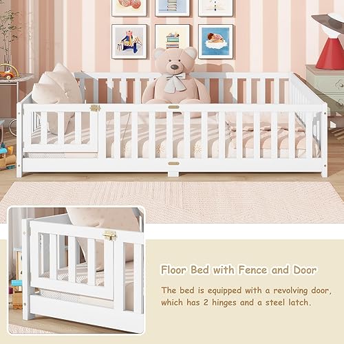 Miniatura 3 de Harper & Bright Designs Cama de suelo tamaño Queen con valla y puerta, marco de cama Montessori de madera para niños, niñas, listones incluidos, no